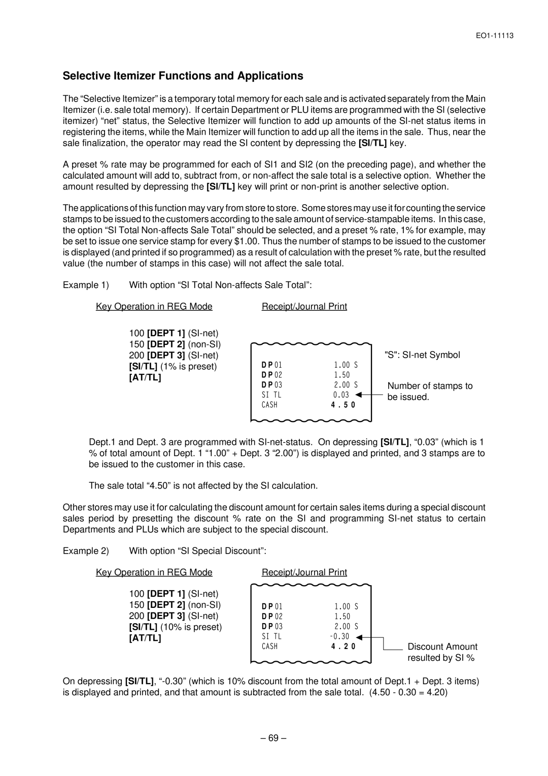 Toshiba EO1-11099 Selective Itemizer Functions and Applications, Receipt/Journal Print, SI-net Symbol, Number of stamps to 