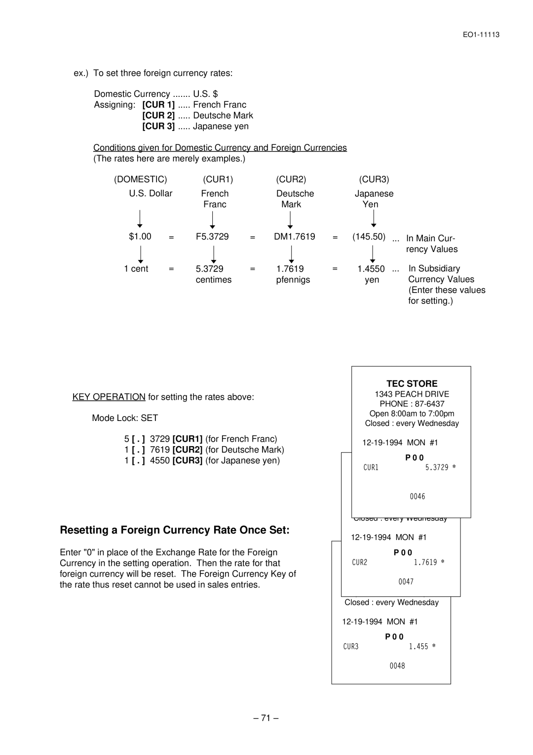 Toshiba EO1-11113, EO1-11099, FS-1650-4 SERIES Resetting a Foreign Currency Rate Once Set, Deutsche Mark, Domestic 