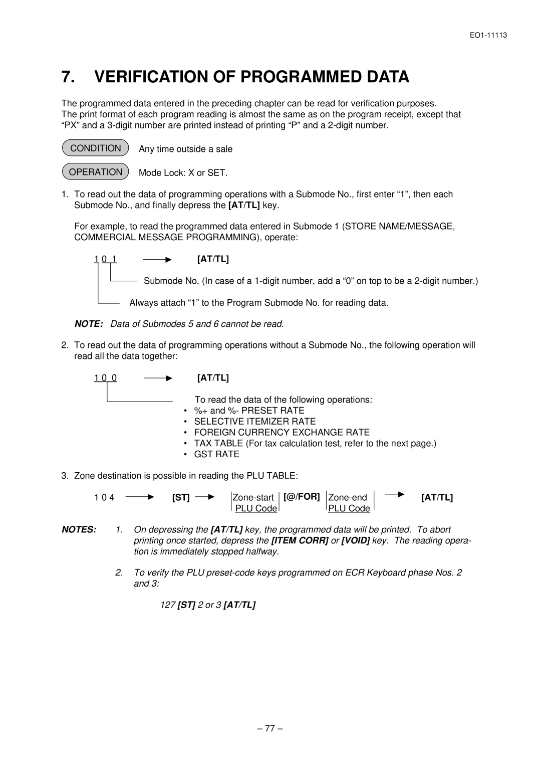 Toshiba EO1-11099 Verification of Programmed Data, Selective Itemizer Rate Foreign Currency Exchange Rate, GST Rate 