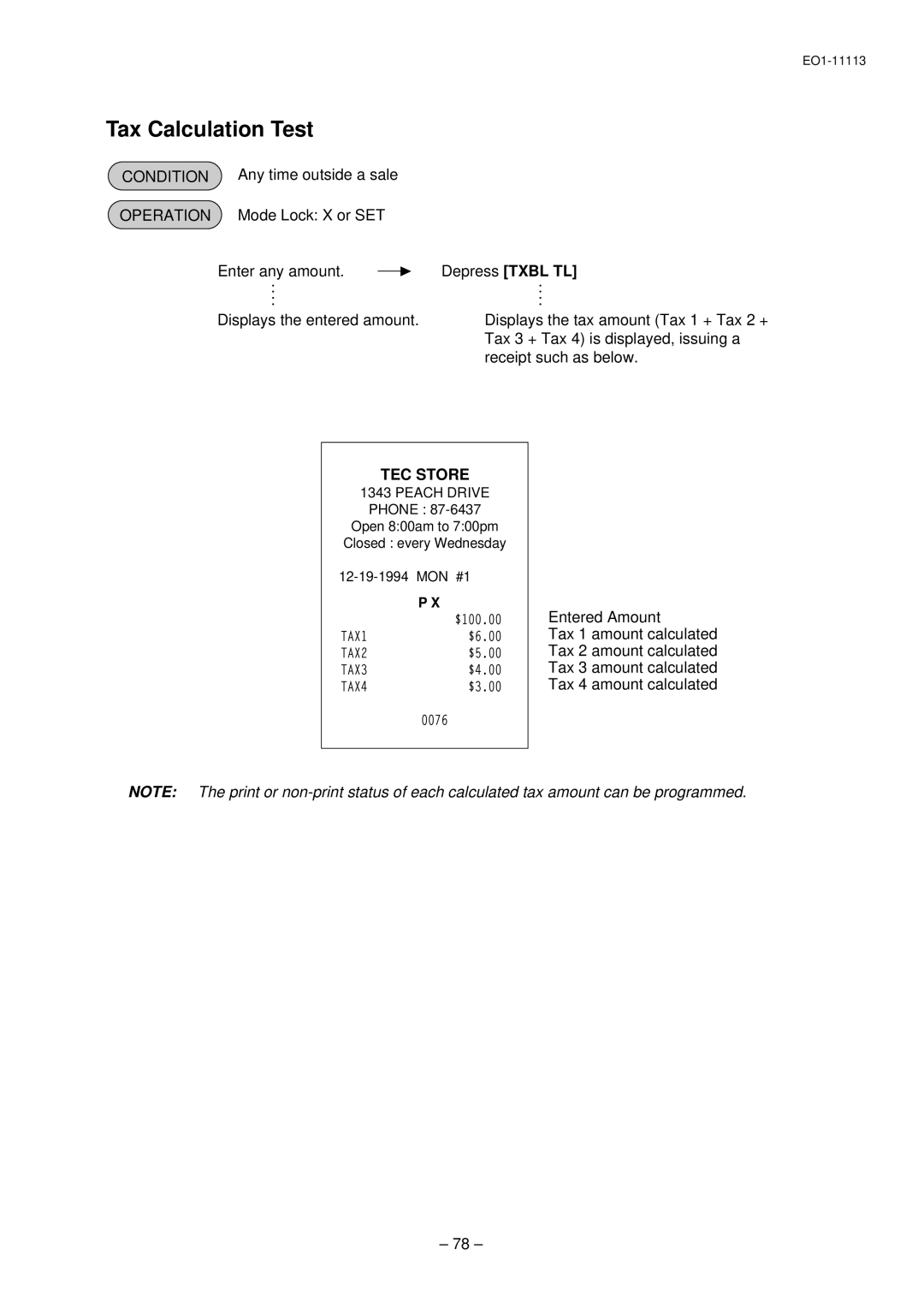 Toshiba FS-1650-4 SERIES, EO1-11099, EO1-11113 Tax Calculation Test, Mode Lock X or SET Enter any amount, Depress Txbl TL 