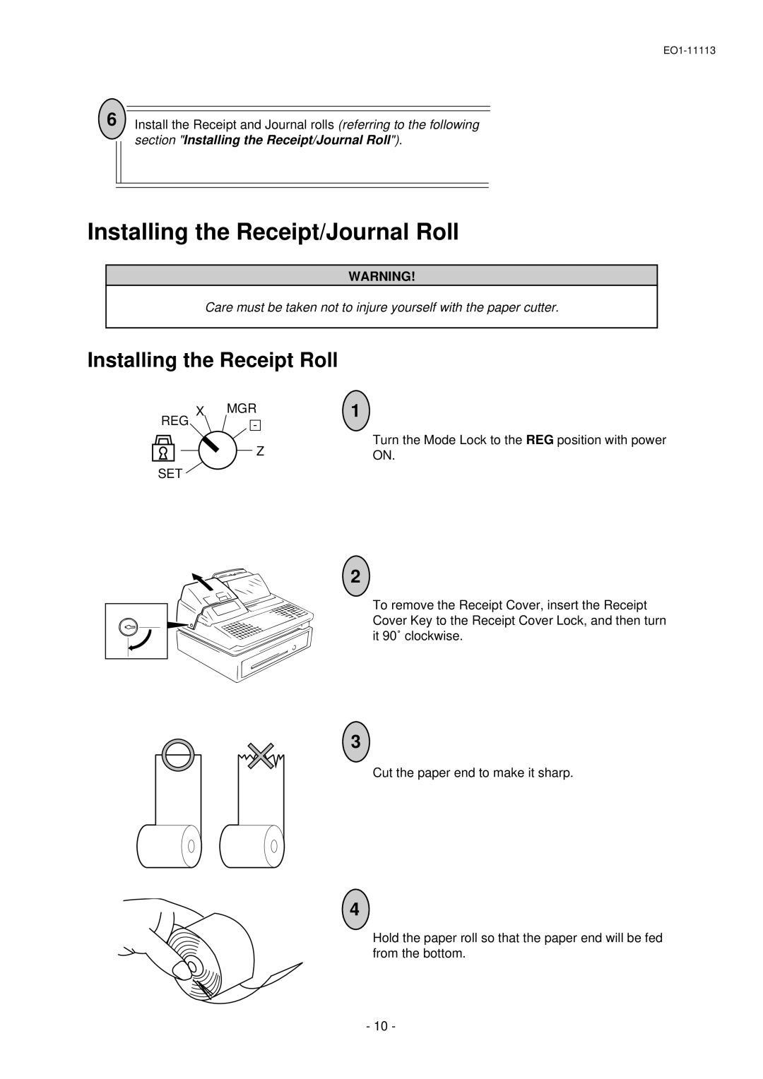 Toshiba EO1-11099, FS-1650-4 SERIES, EO1-11113 owner manual Installing the Receipt/Journal Roll 