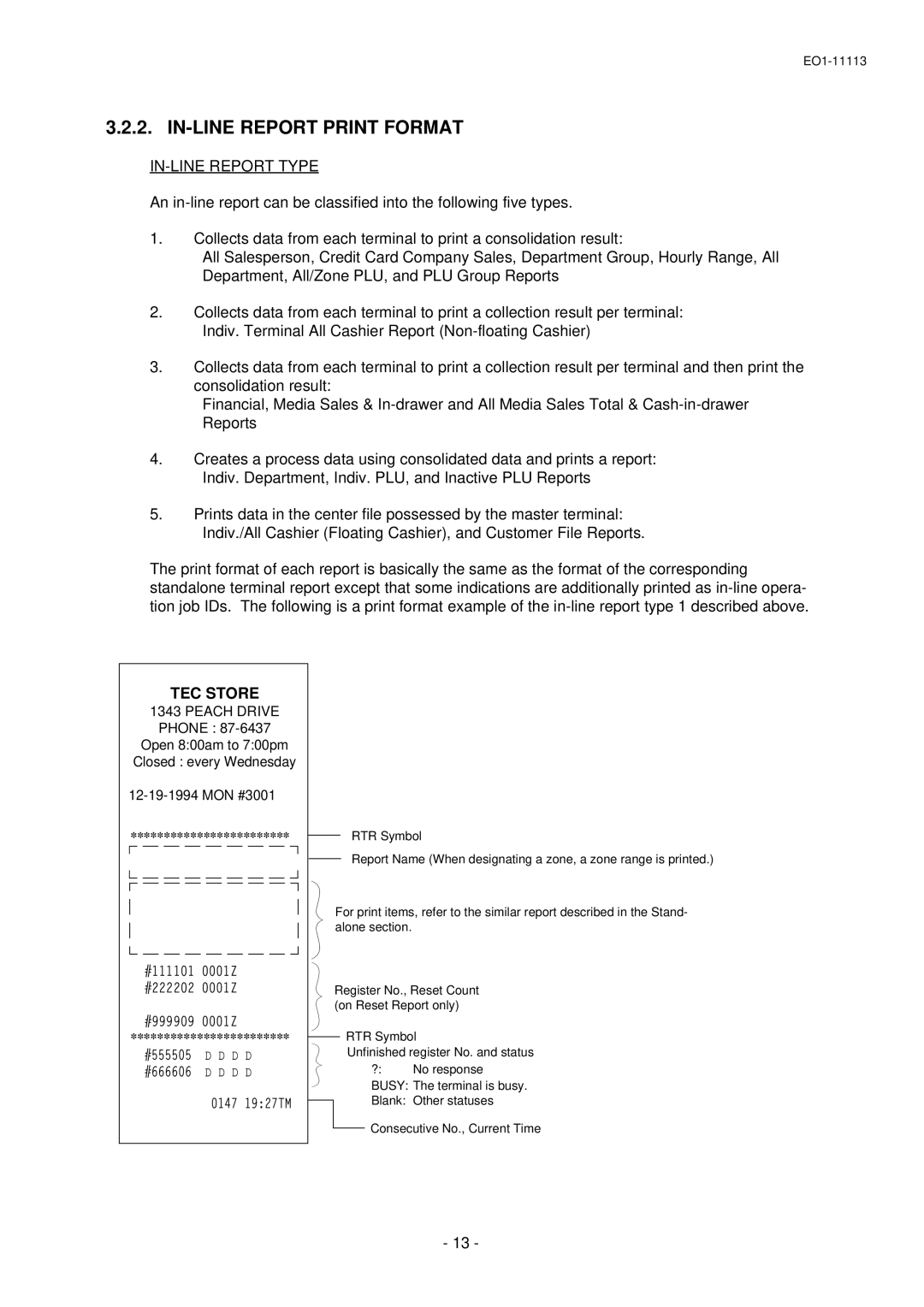 Toshiba EO1-11099, FS-1650-4 SERIES, EO1-11113 owner manual IN-LINE Report Print Format, IN-LINE Report Type 