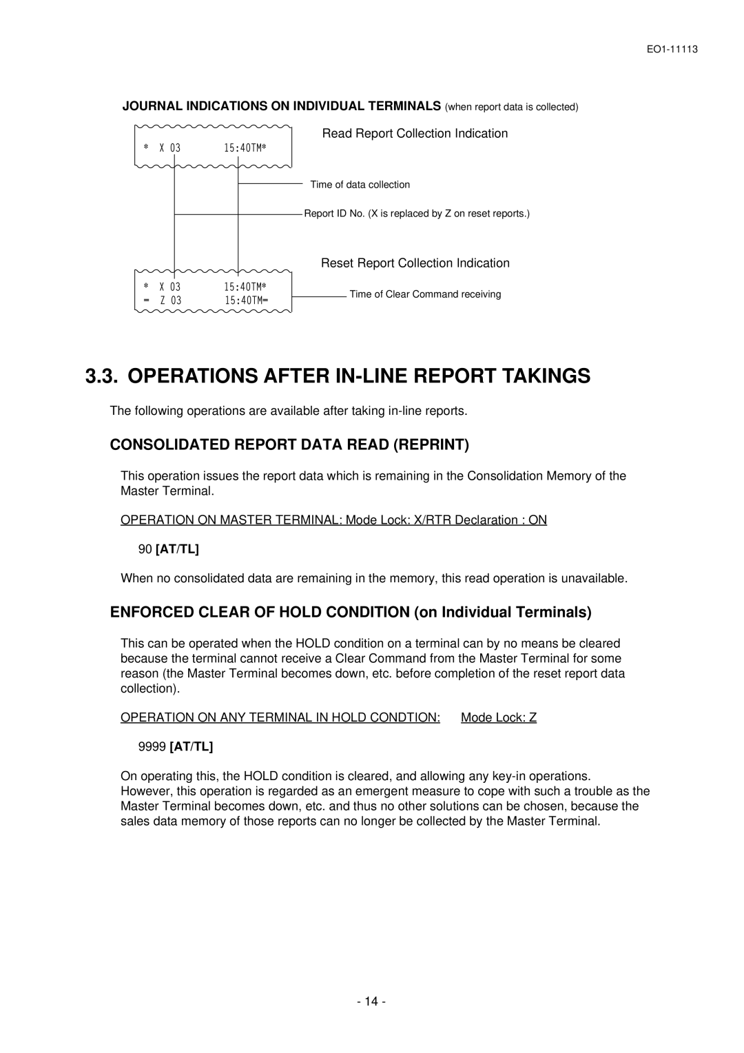 Toshiba EO1-11099 Operations After IN-LINE Report Takings, Consolidated Report Data Read Reprint, 90 AT/TL, 9999 AT/TL 