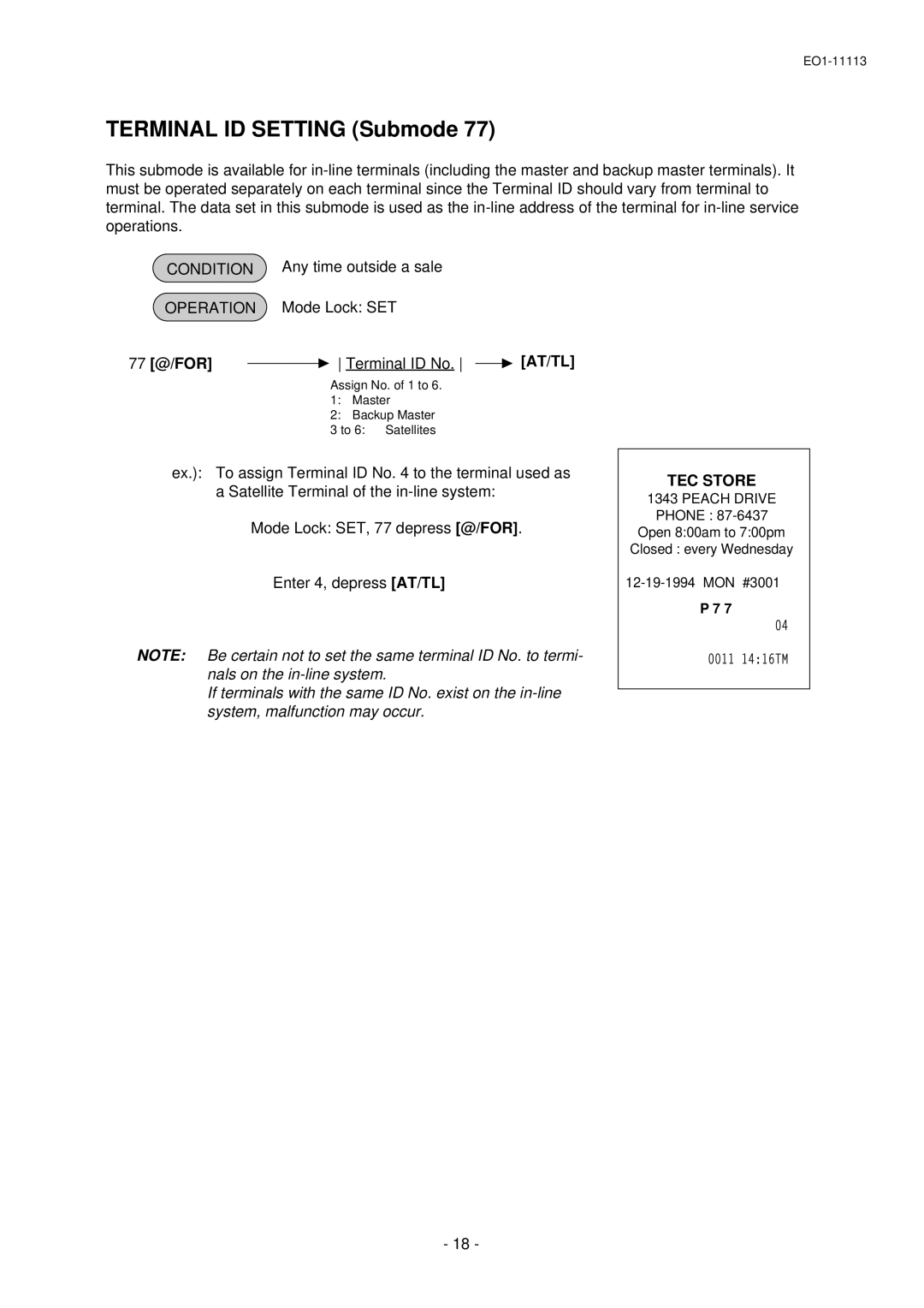 Toshiba EO1-11099 Terminal ID Setting Submode, 77 @/FOR, Any time outside a sale Mode Lock SET Terminal ID No. AT/TL 