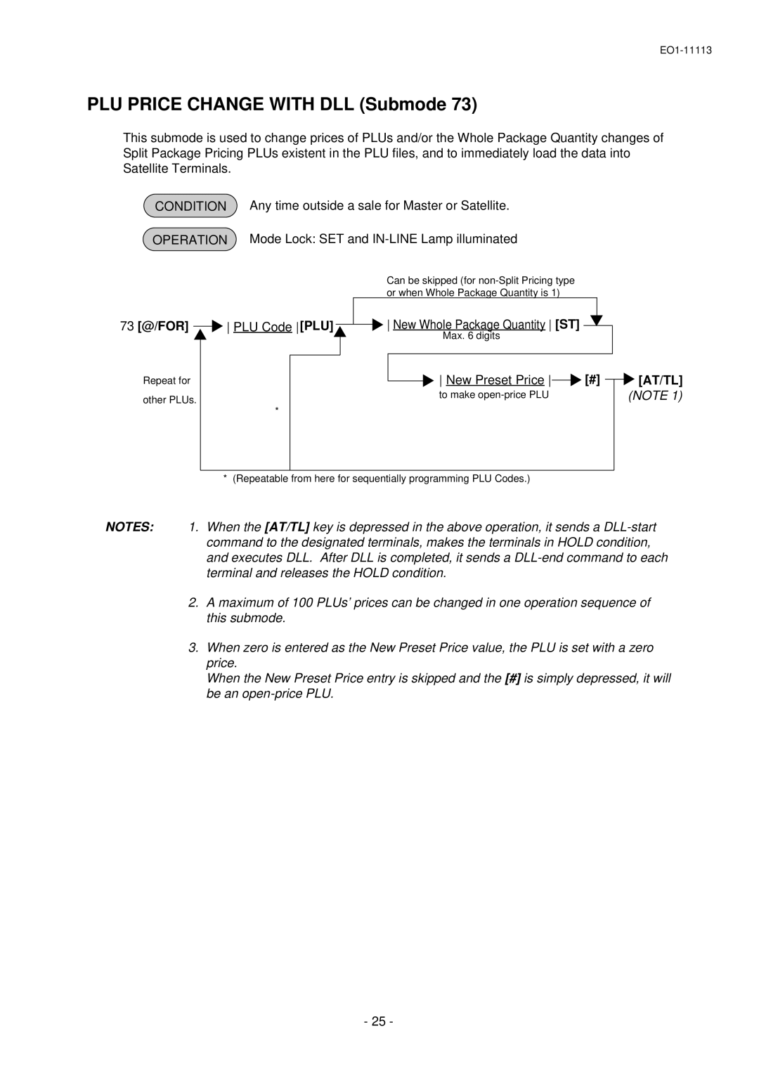 Toshiba EO1-11099, FS-1650-4 SERIES, EO1-11113 owner manual PLU Price Change with DLL Submode, 73 @/FOR 