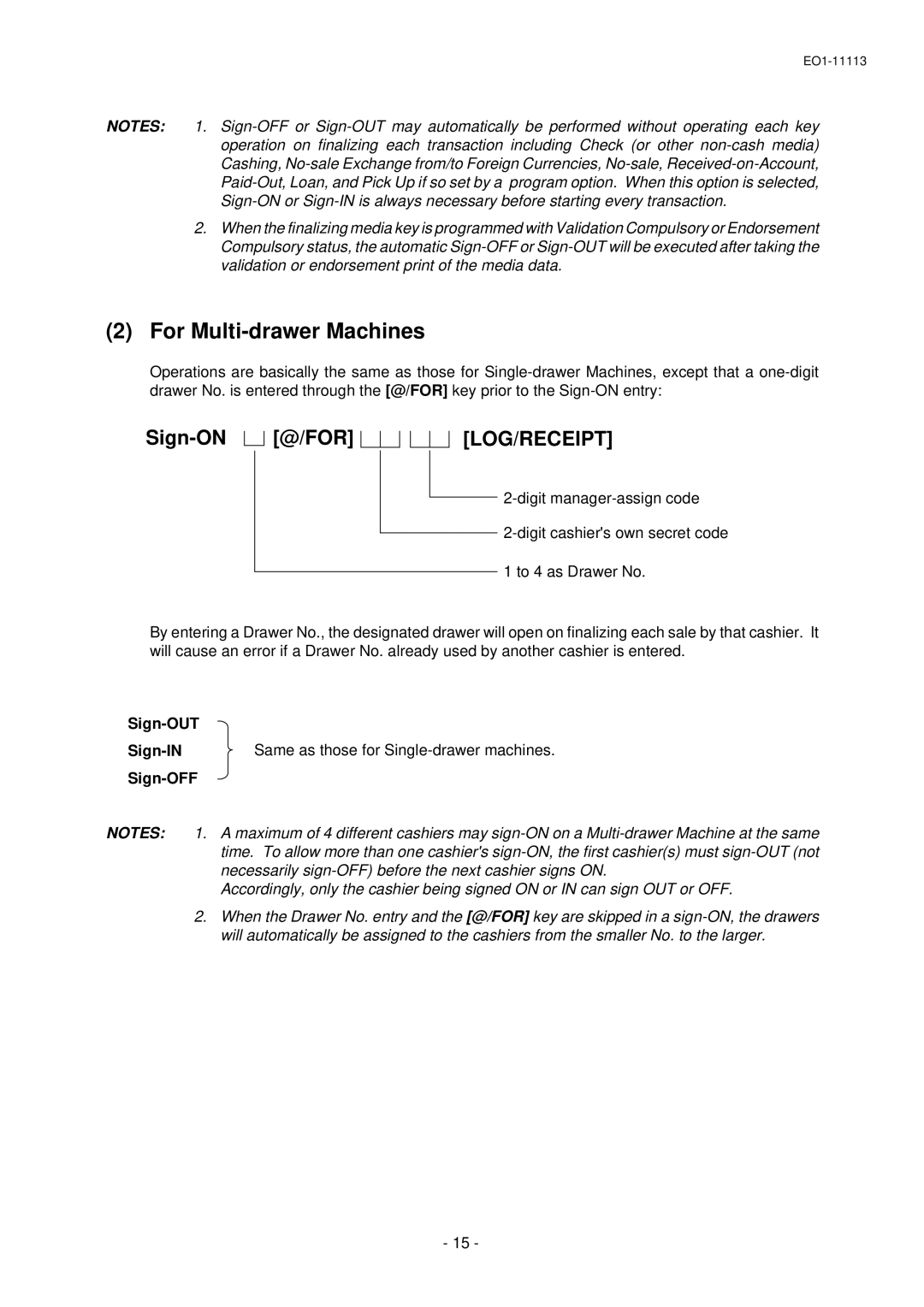 Toshiba EO1-11099, FS-1650 For Multi-drawer Machines, Sign-OUT, Sign-INSame as those for Single-drawer machines, Sign-OFF 