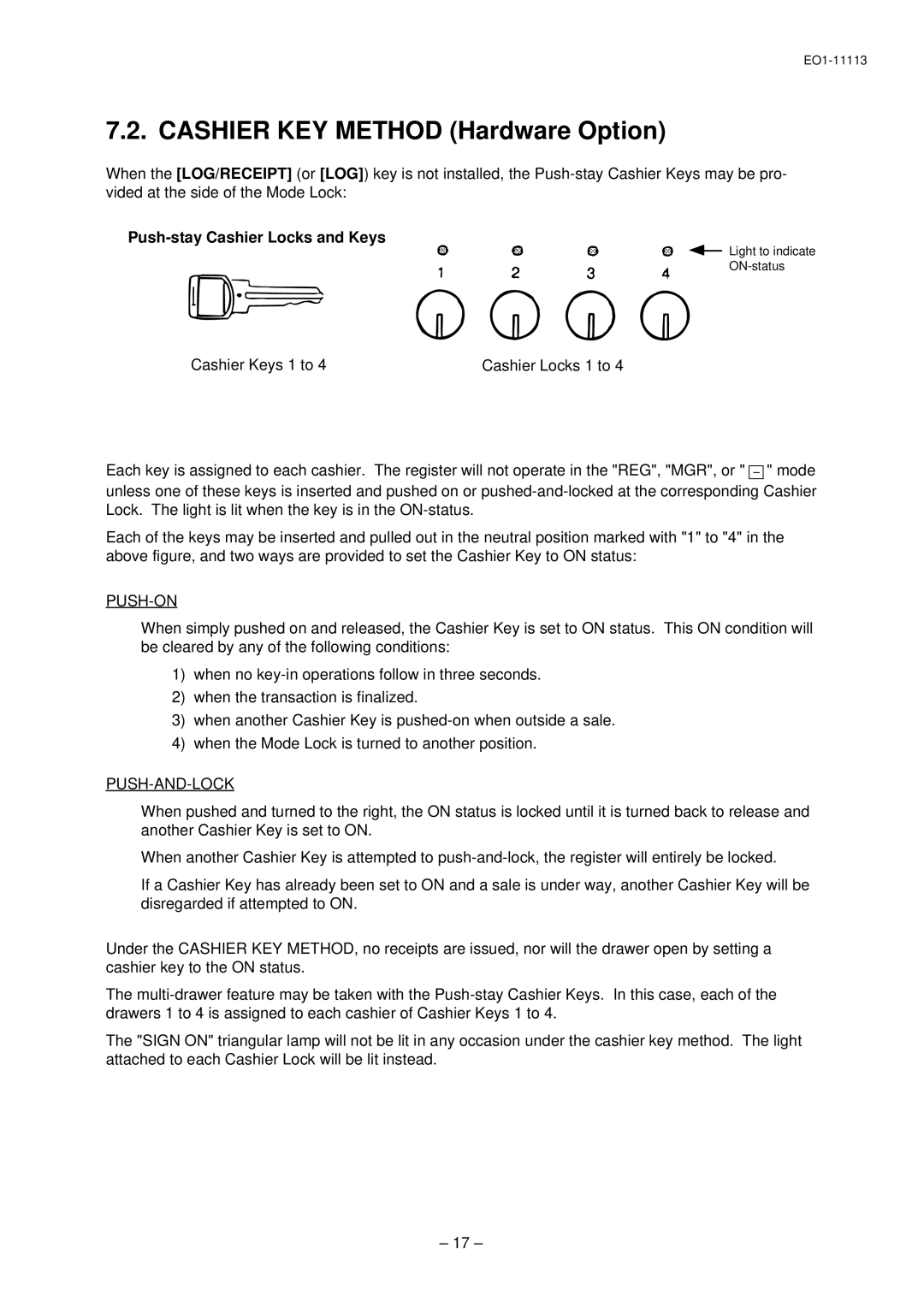 Toshiba EO1-11113, EO1-11099, FS-1650-4 SERIES owner manual Push-stay Cashier Locks and Keys, Push-On, Push-And-Lock 