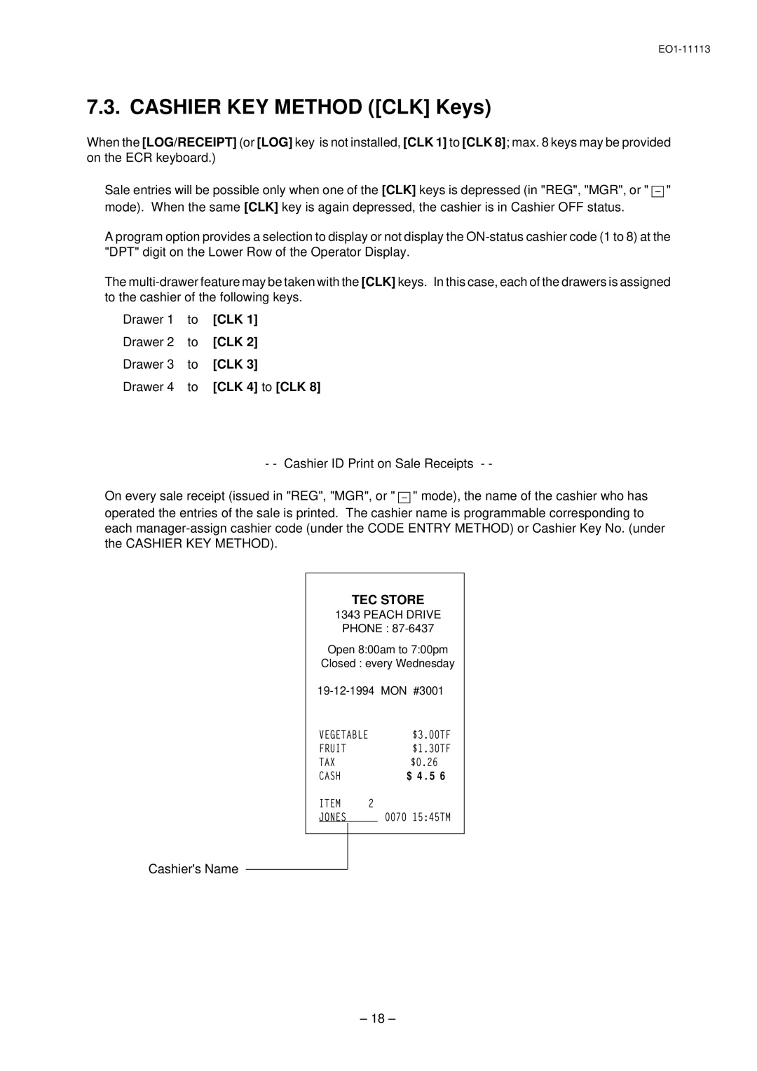 Toshiba EO1-11099, FS-1650-4 SERIES, EO1-11113 owner manual Clk, CLK 4 to CLK, Cashiers Name 