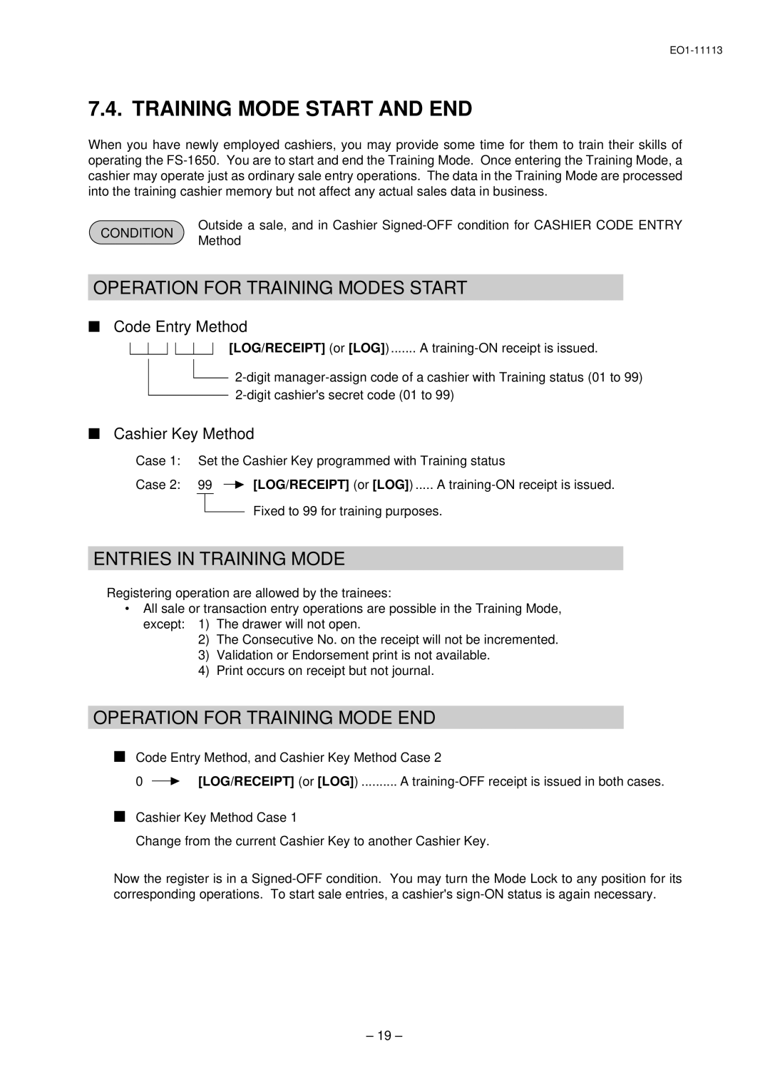 Toshiba EO1-11099, FS-1650-4 SERIES, EO1-11113 owner manual Training Mode Start and END, Condition, LOG/RECEIPT or LOG 