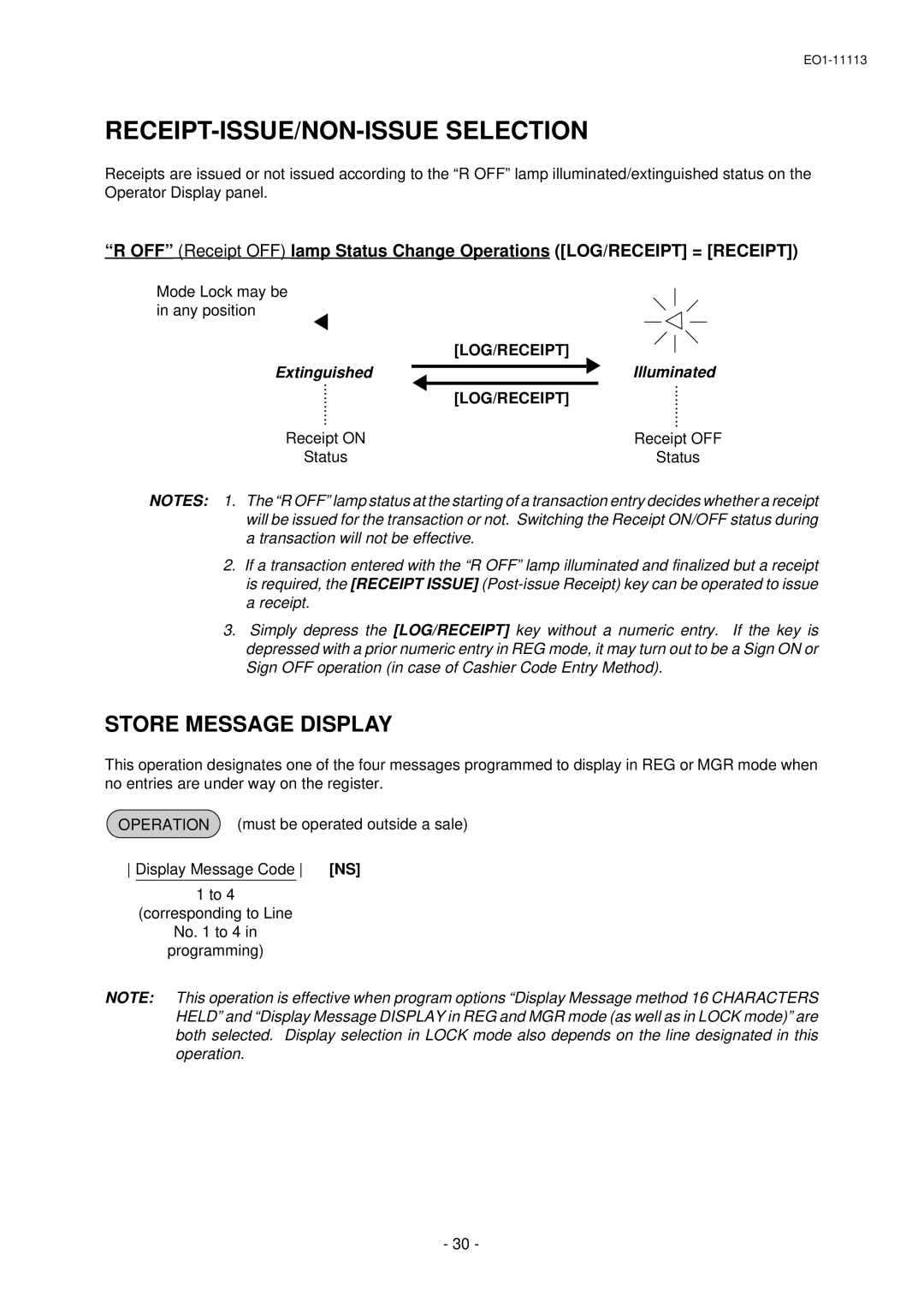 Toshiba FS-1650, EO1-11099 RECEIPT-ISSUE/NON-ISSUE Selection, Store Message Display, Mode Lock may be in any position 
