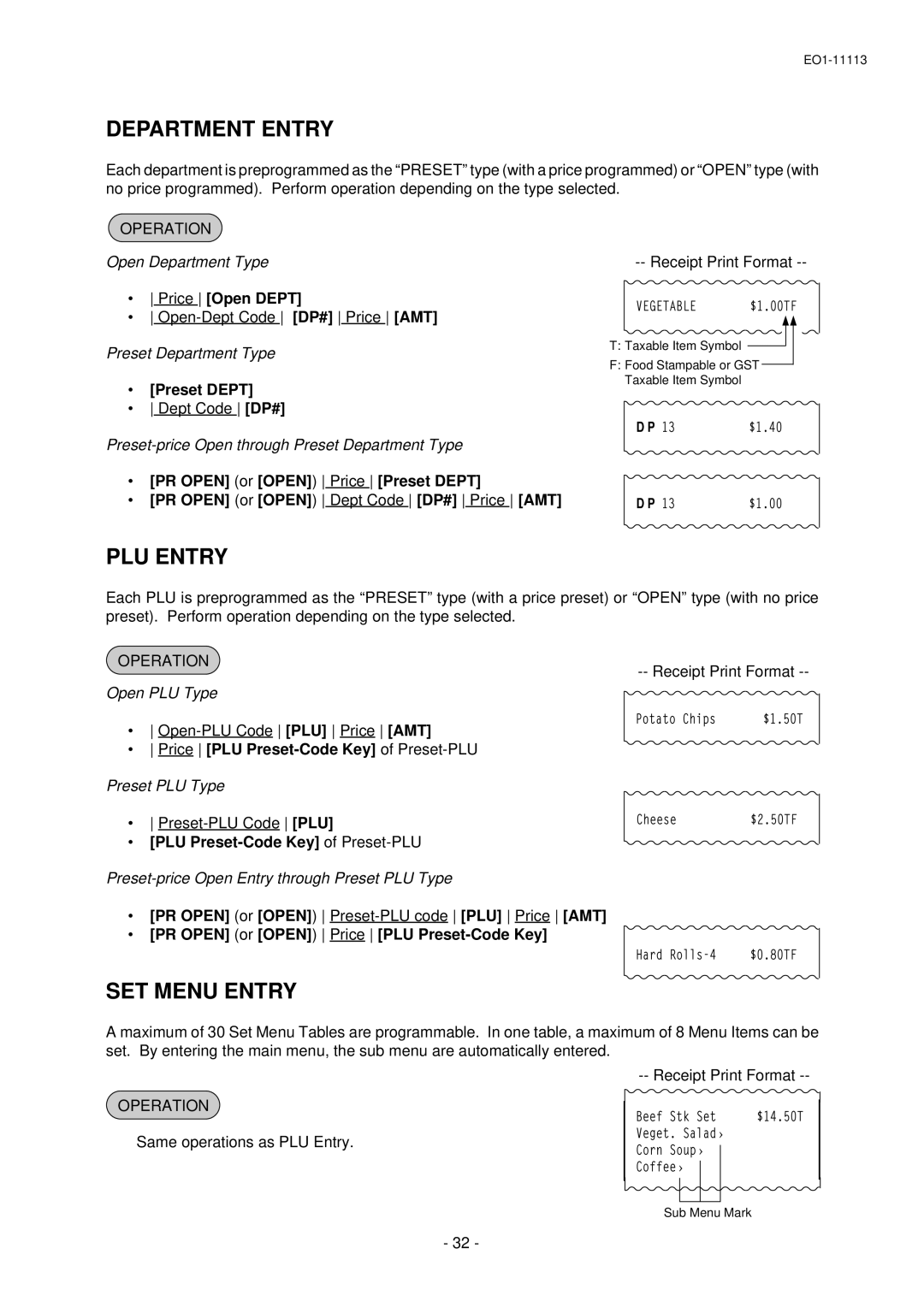 Toshiba FS-1650-4 SERIES, EO1-11099, EO1-11113 owner manual Department Entry, PLU Entry, SET Menu Entry 