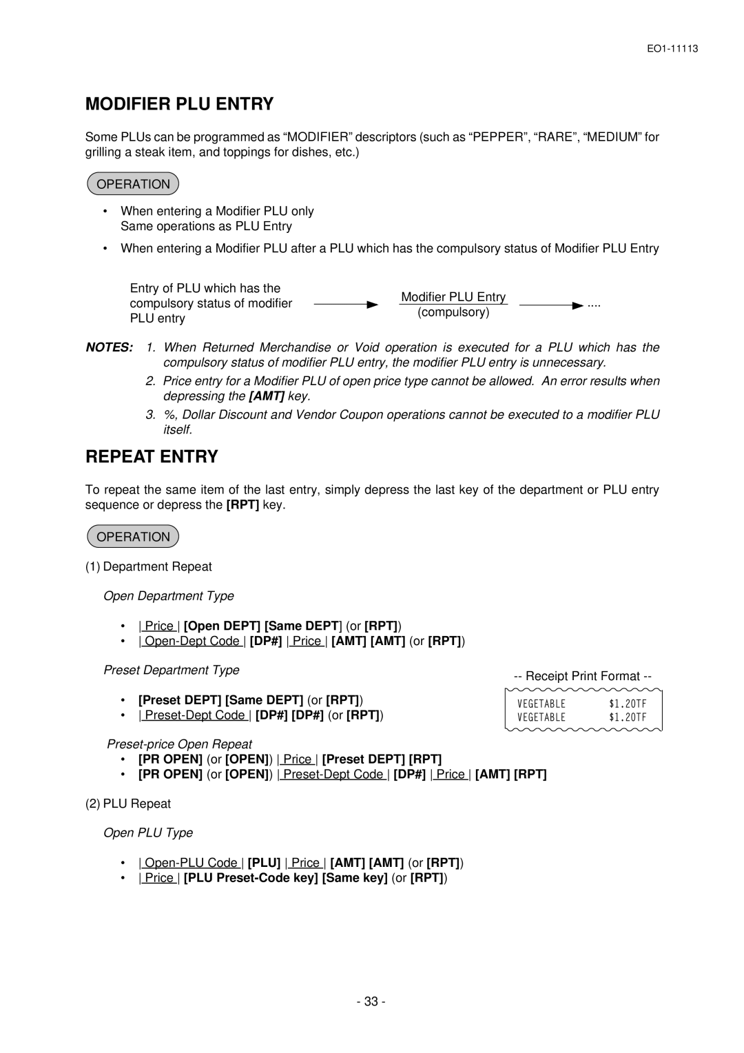 Toshiba EO1-11113 Modifier PLU Entry, Repeat Entry, Department Repeat Open Department Type, PLU Repeat Open PLU Type 