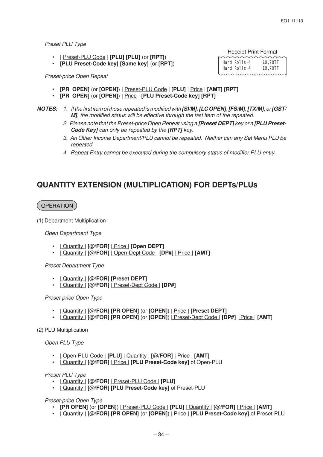 Toshiba EO1-11099, FS-1650-4 SERIES, EO1-11113 owner manual Quantity Extension Multiplication for DEPTs/PLUs 