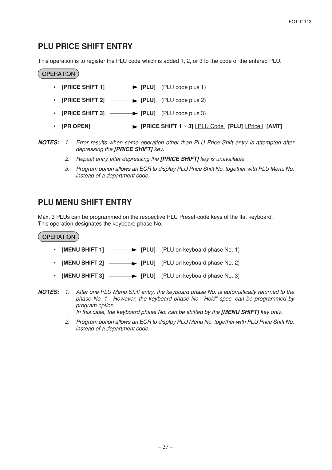 Toshiba EO1-11113, EO1-11099, FS-1650-4 SERIES owner manual PLU Price Shift Entry, PLU Menu Shift Entry 