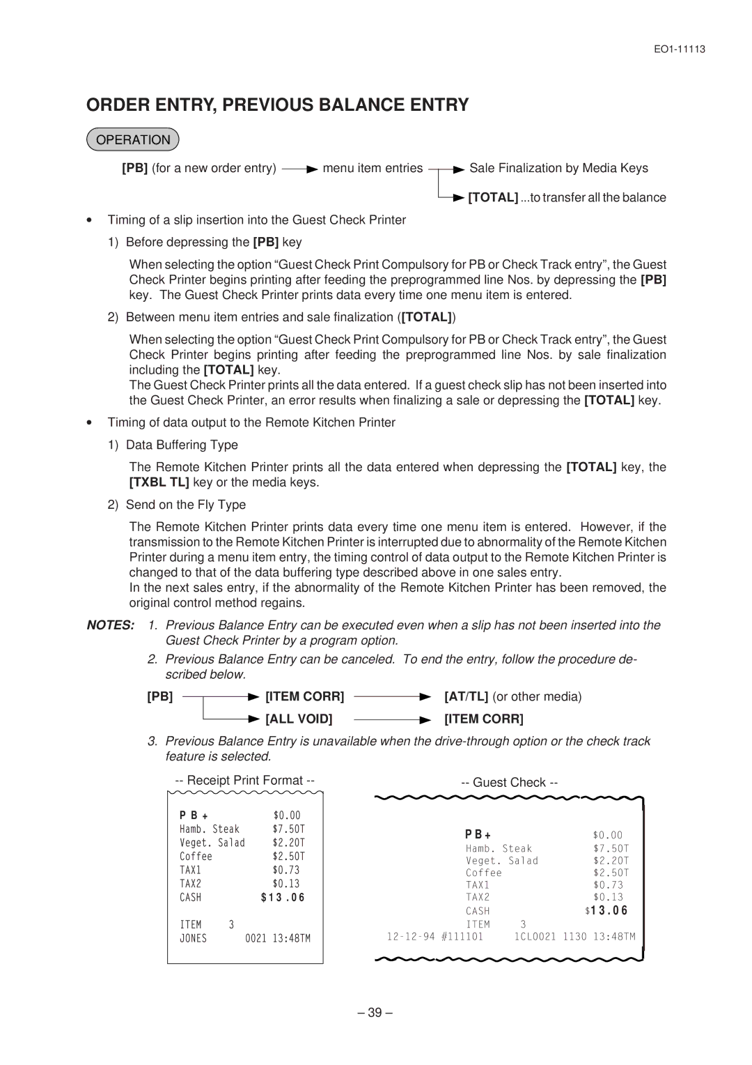 Toshiba EO1-11099 Order ENTRY, Previous Balance Entry, PB Item Corr AT/TL or other media, ALL Void Item Corr, Guest Check 