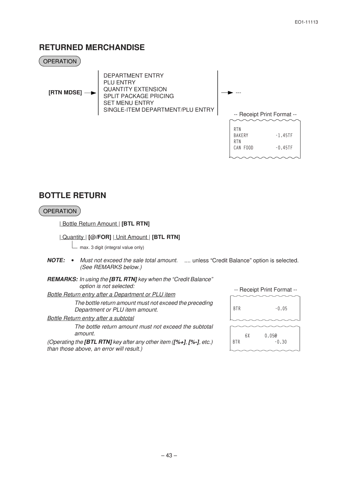 Toshiba EO1-11099, FS-1650-4 SERIES, EO1-11113 owner manual Returned Merchandise, Bottle Return, RTN Mdse 