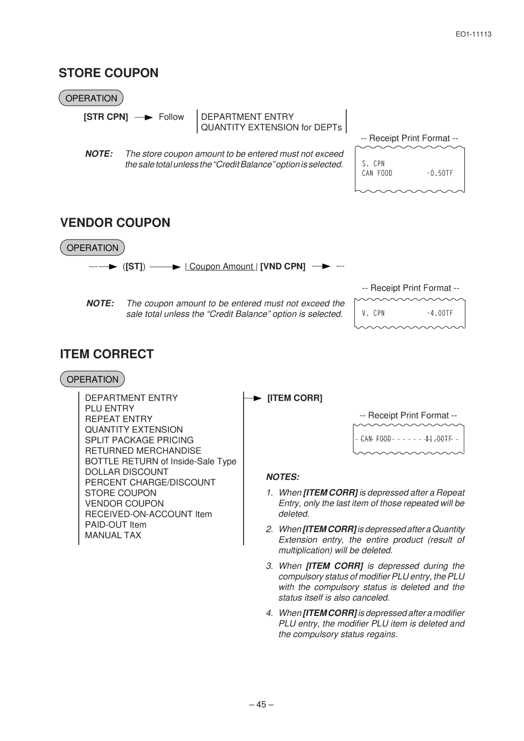 Toshiba EO1-11113, EO1-11099, FS-1650-4 SERIES owner manual Store Coupon, Vendor Coupon, Item Correct, Str Cpn 