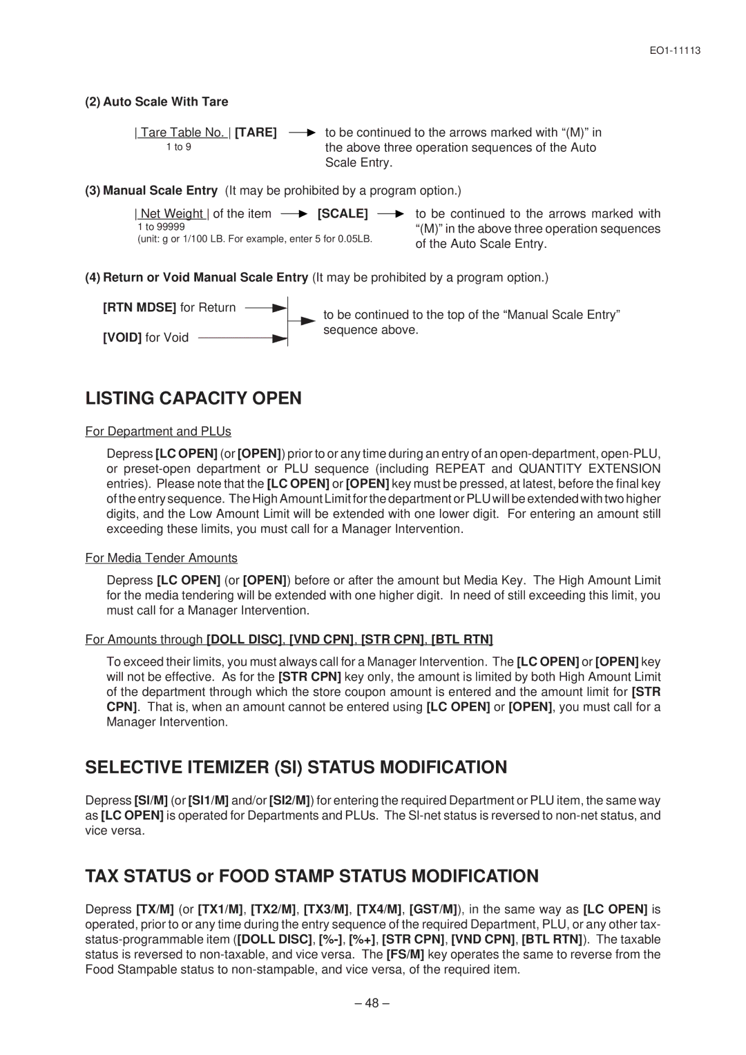 Toshiba FS-1650-4 SERIES, EO1-11099, EO1-11113 owner manual Listing Capacity Open, Selective Itemizer SI Status Modification 