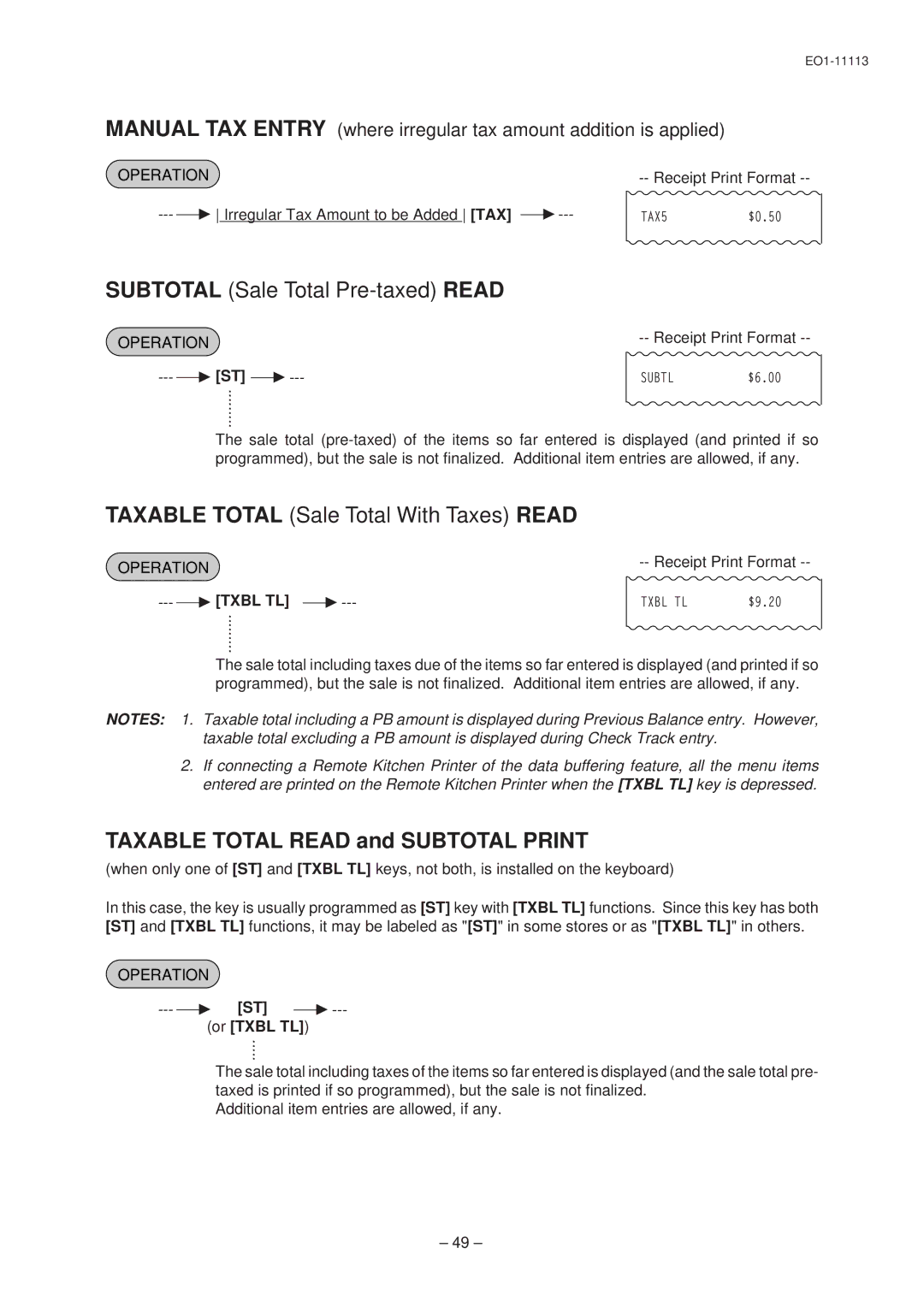 Toshiba EO1-11113, FS-1650, EO1-11099 Taxable Total Read and Subtotal Print, Irregular Tax Amount to be Added TAX, Txbl TL 