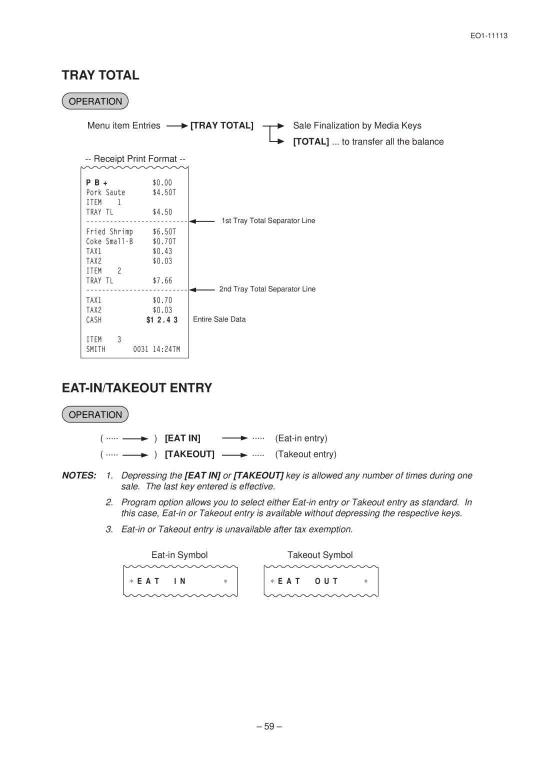 Toshiba EO1-11099, FS-1650-4 SERIES, EO1-11113 Tray Total, EAT-IN/TAKEOUT Entry, Eat-in Symbol Takeout Symbol 