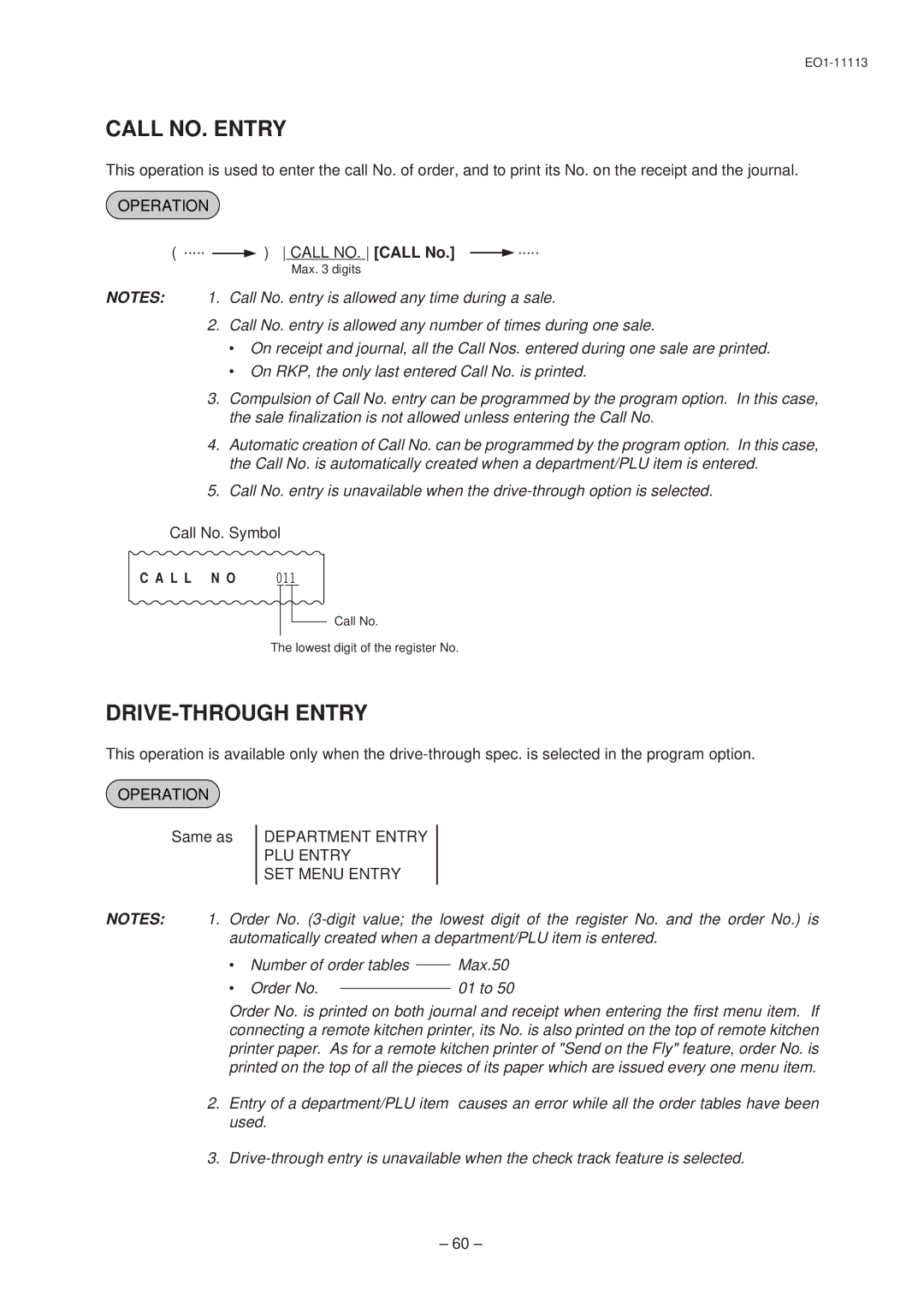 Toshiba FS-1650-4 SERIES, EO1-11099, EO1-11113 Call NO. Entry, DRIVE-THROUGH Entry, Call NO. Call No, Call No. Symbol 