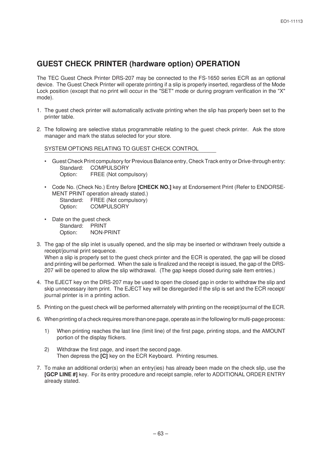 Toshiba EO1-11099, FS-1650 Guest Check Printer hardware option Operation, System Options Relating to Guest Check Control 