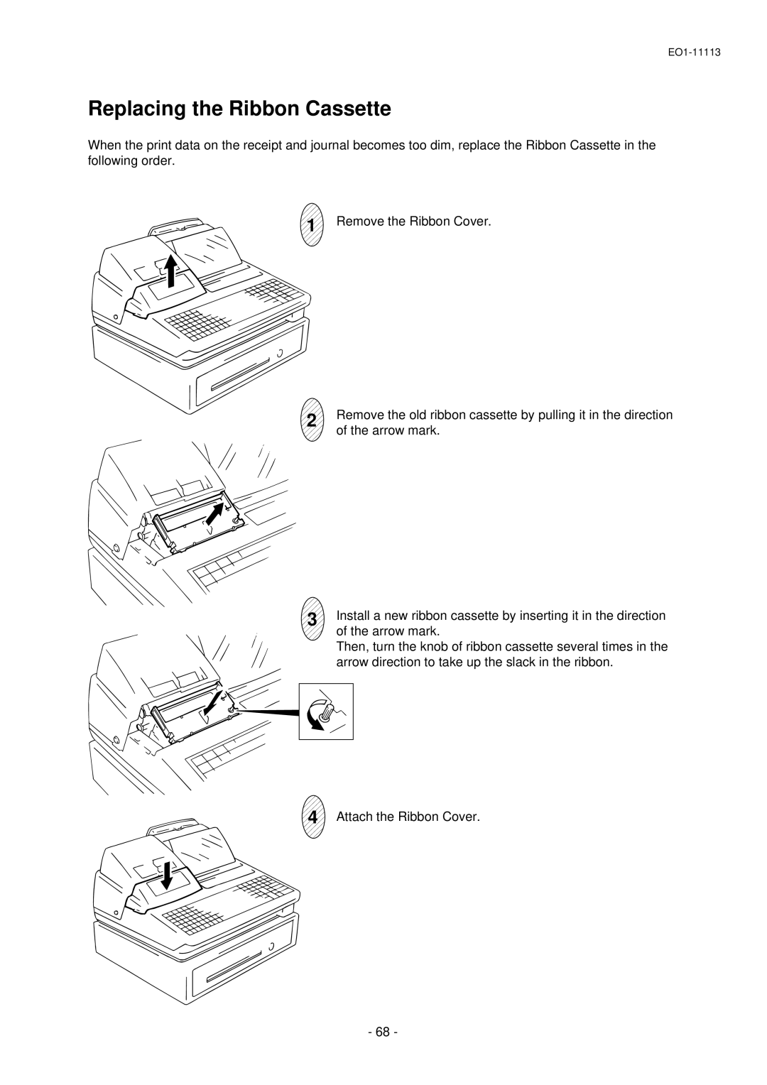 Toshiba FS-1650-4 SERIES, EO1-11099, EO1-11113 owner manual Replacing the Ribbon Cassette 