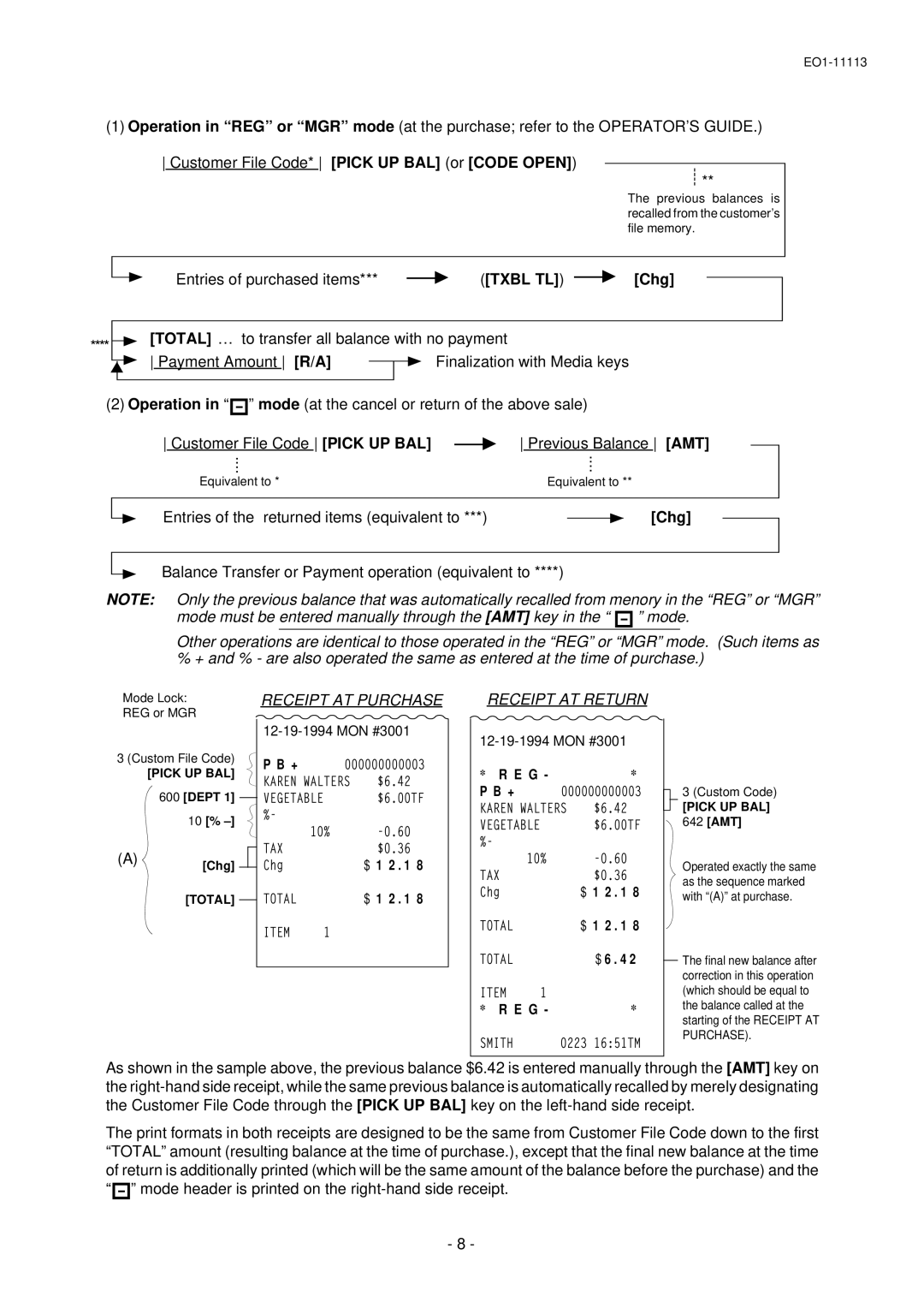 Toshiba FS-1650, EO1-11099 Customer File Code* Pick UP BAL or Code Open, Entries of purchased items, Previous Balance AMT 