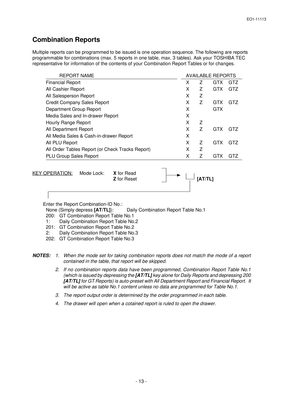 Toshiba EO1-11099, FS-1650-4 SERIES, EO1-11113 owner manual Combination Reports, Report Name Available Reports, Gtx Gtz 