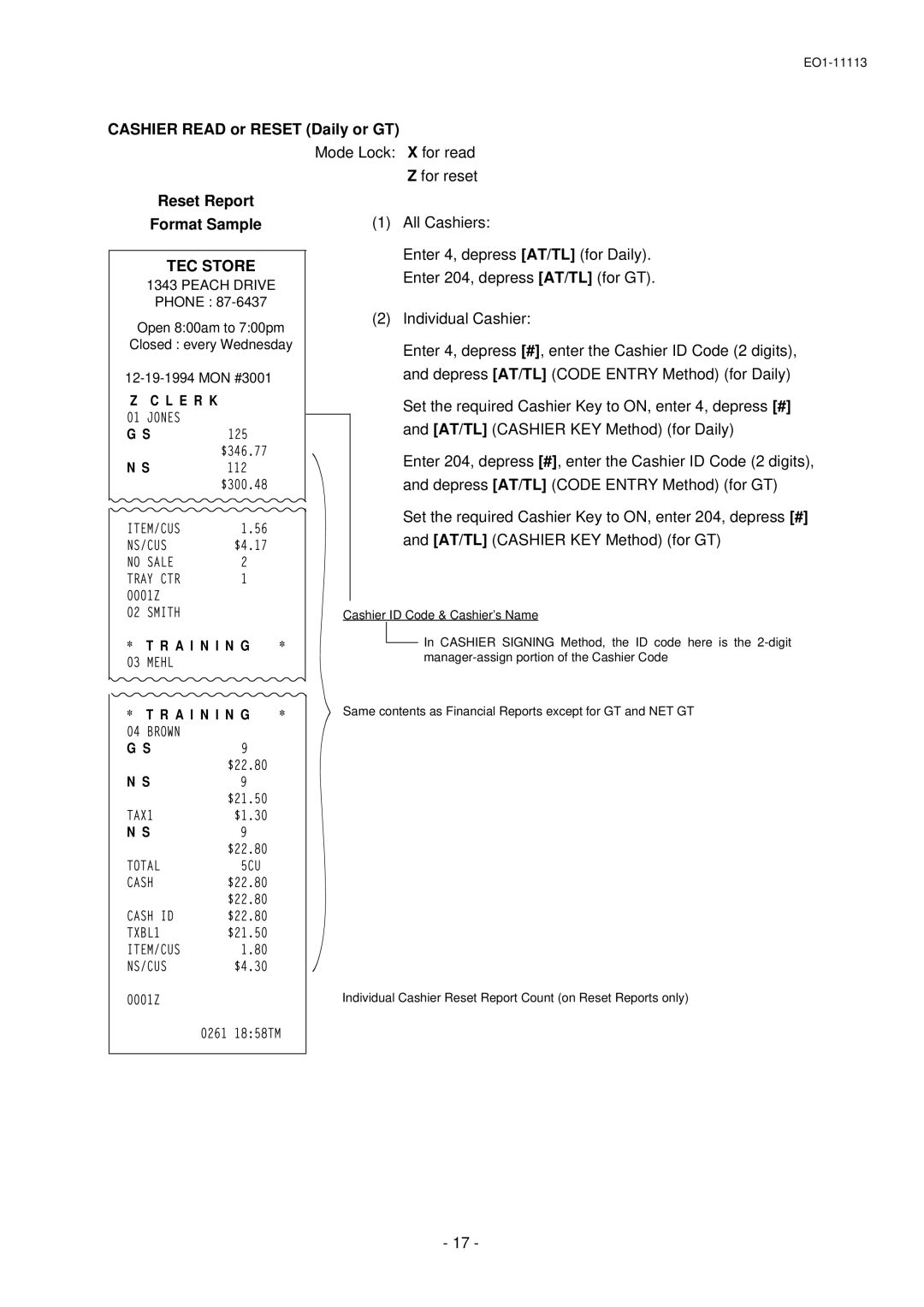 Toshiba EO1-11099, FS-1650-4 SERIES, EO1-11113 owner manual Cashier Read or Reset Daily or GT, Reset Report Format Sample 