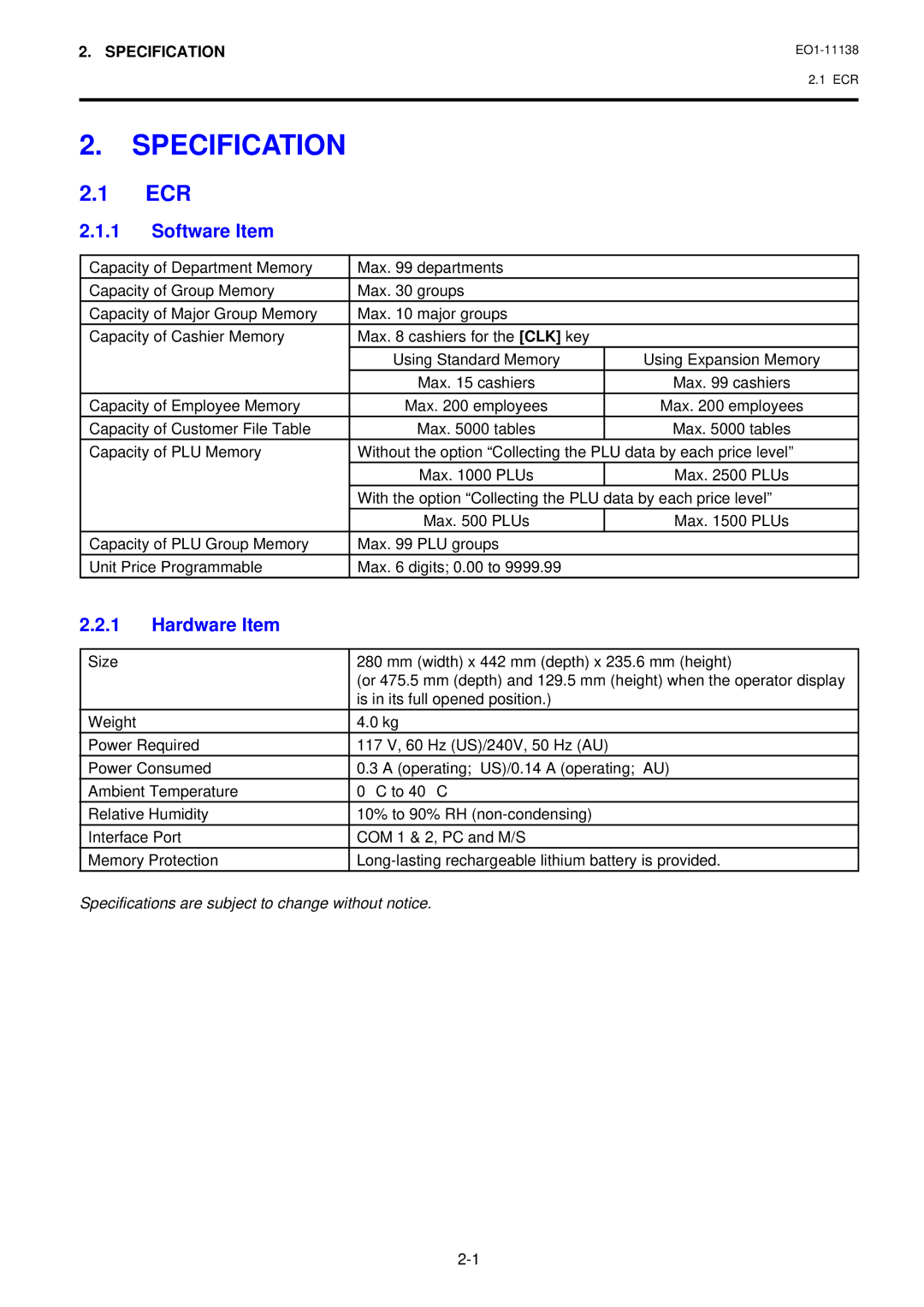 Toshiba FS-2600-1 SERIES, Electronic Cash Register owner manual Ecr, Specifications are subject to change without notice 