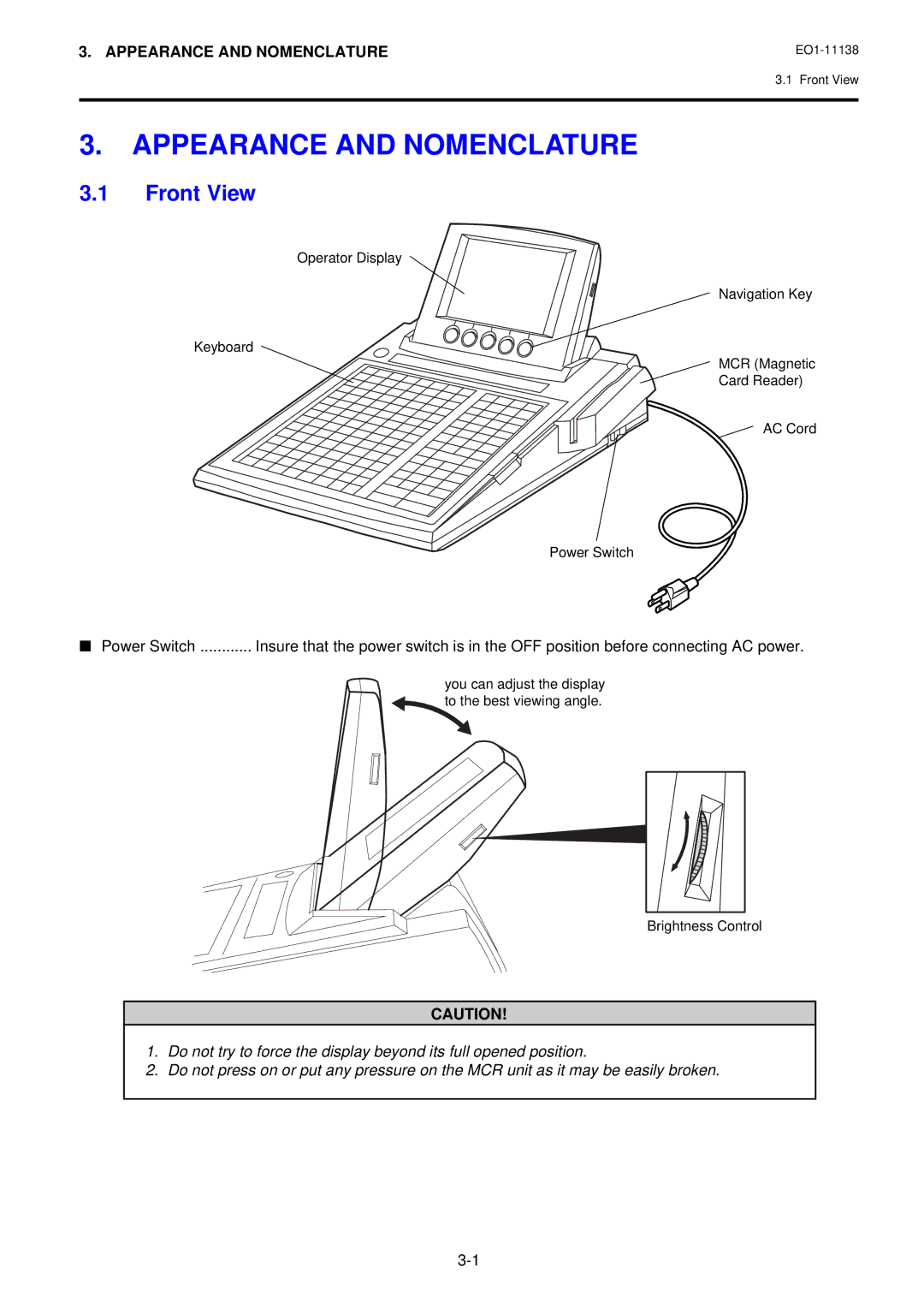 Toshiba FS-2600-1 SERIES, Electronic Cash Register owner manual Appearance and Nomenclature, Front View 