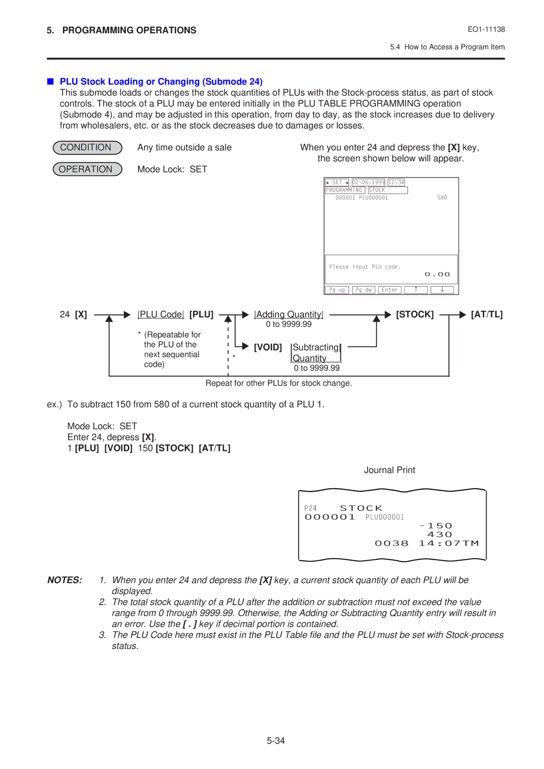 Toshiba Electronic Cash Register PLU Stock Loading or Changing Submode, PLU Code PLU Adding Quantity Stock, Subtracting 