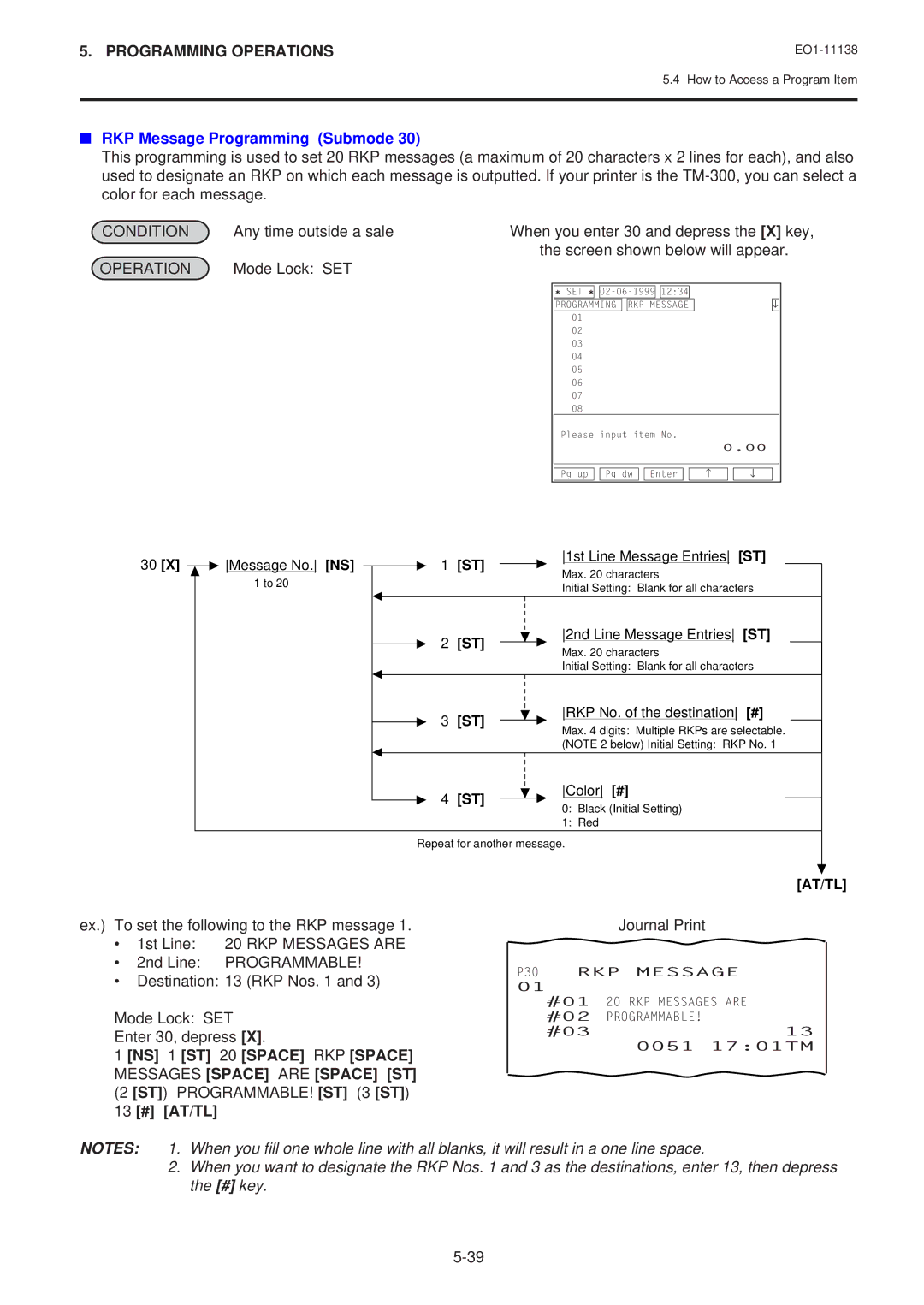 Toshiba FS-2600-1 SERIES, Electronic Cash Register owner manual P30 RKP Message, Programmable 