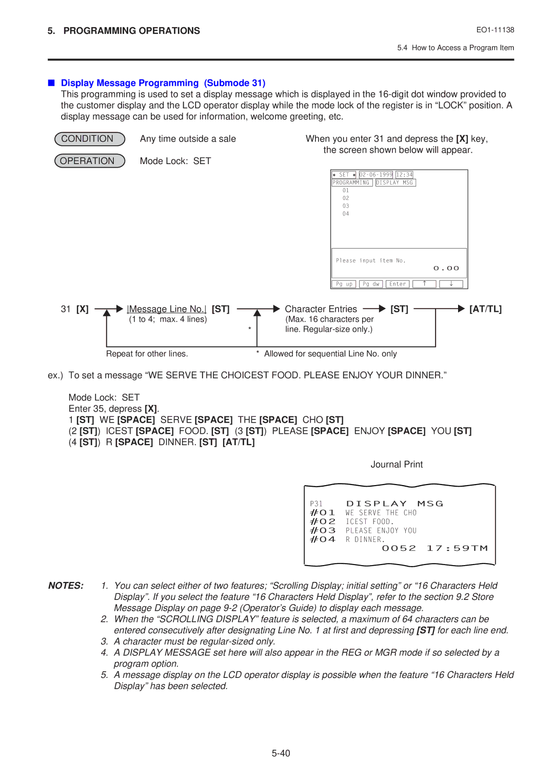 Toshiba Electronic Cash Register owner manual Display Message Programming Submode, Message Line No. ST Character Entries 