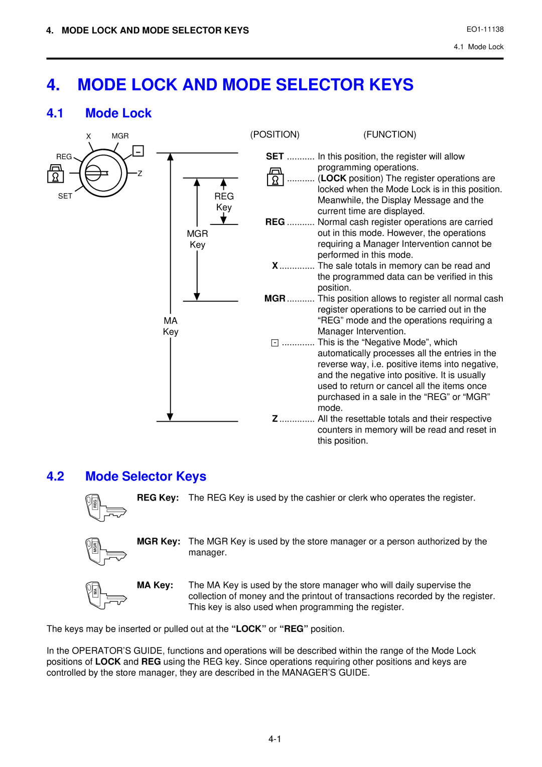 Toshiba FS-2600-1 SERIES, Electronic Cash Register owner manual Mode Lock and Mode Selector Keys 