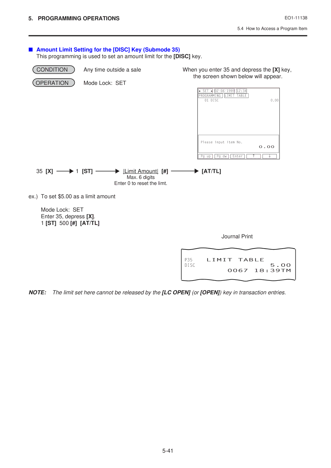 Toshiba FS-2600-1 SERIES Amount Limit Setting for the Disc Key Submode, ST Limit Amount # AT/TL, ST 500 # AT/TL 