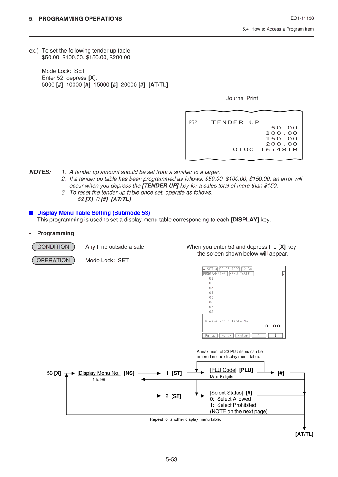 Toshiba FS-2600-1 SERIES, Electronic Cash Register owner manual Display Menu Table Setting Submode, P52 Tender UP 