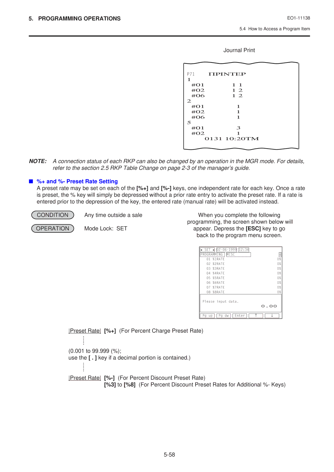 Toshiba Electronic Cash Register, FS-2600-1 SERIES owner manual + and %- Preset Rate Setting, P71 Printer 