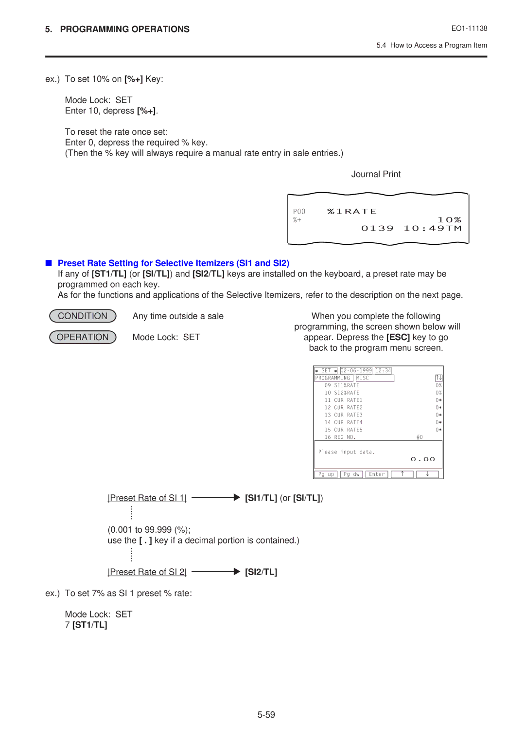 Toshiba FS-2600-1 SERIES Preset Rate Setting for Selective Itemizers SI1 and SI2, Preset Rate of SI, SI1/TL or SI/TL 