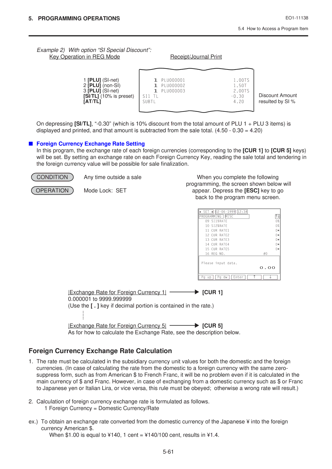 Toshiba FS-2600-1 SERIES owner manual Foreign Currency Exchange Rate Calculation, Example 2 With option SI Special Discount 