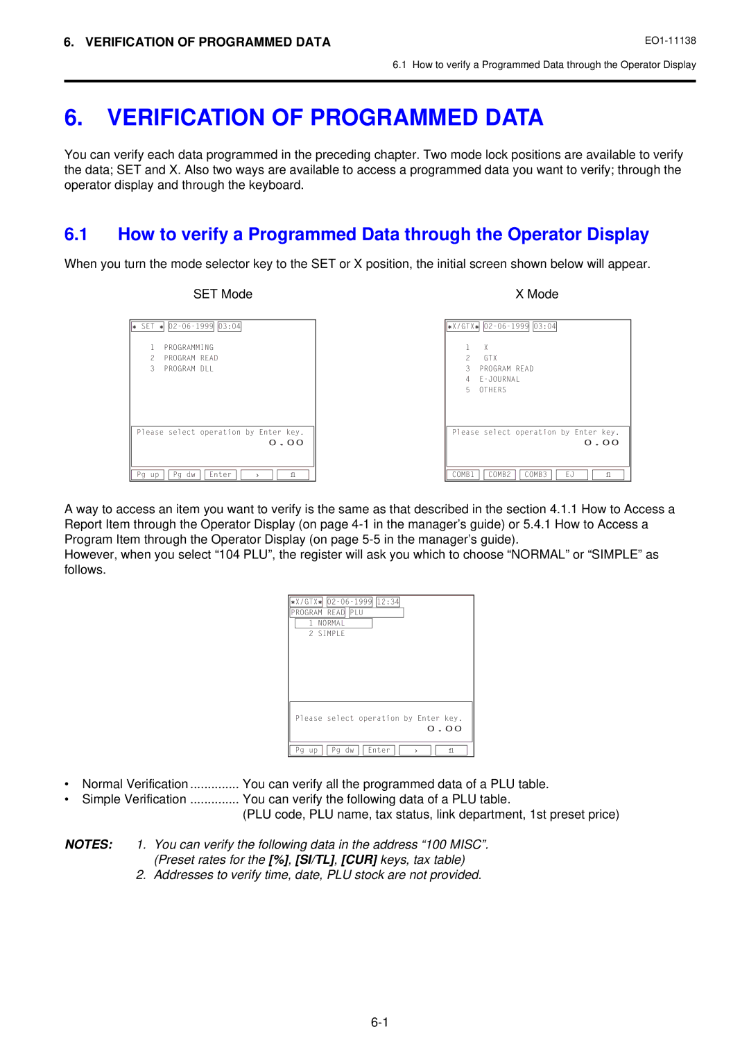 Toshiba FS-2600-1 SERIES Verification of Programmed Data, Addresses to verify time, date, PLU stock are not provided 