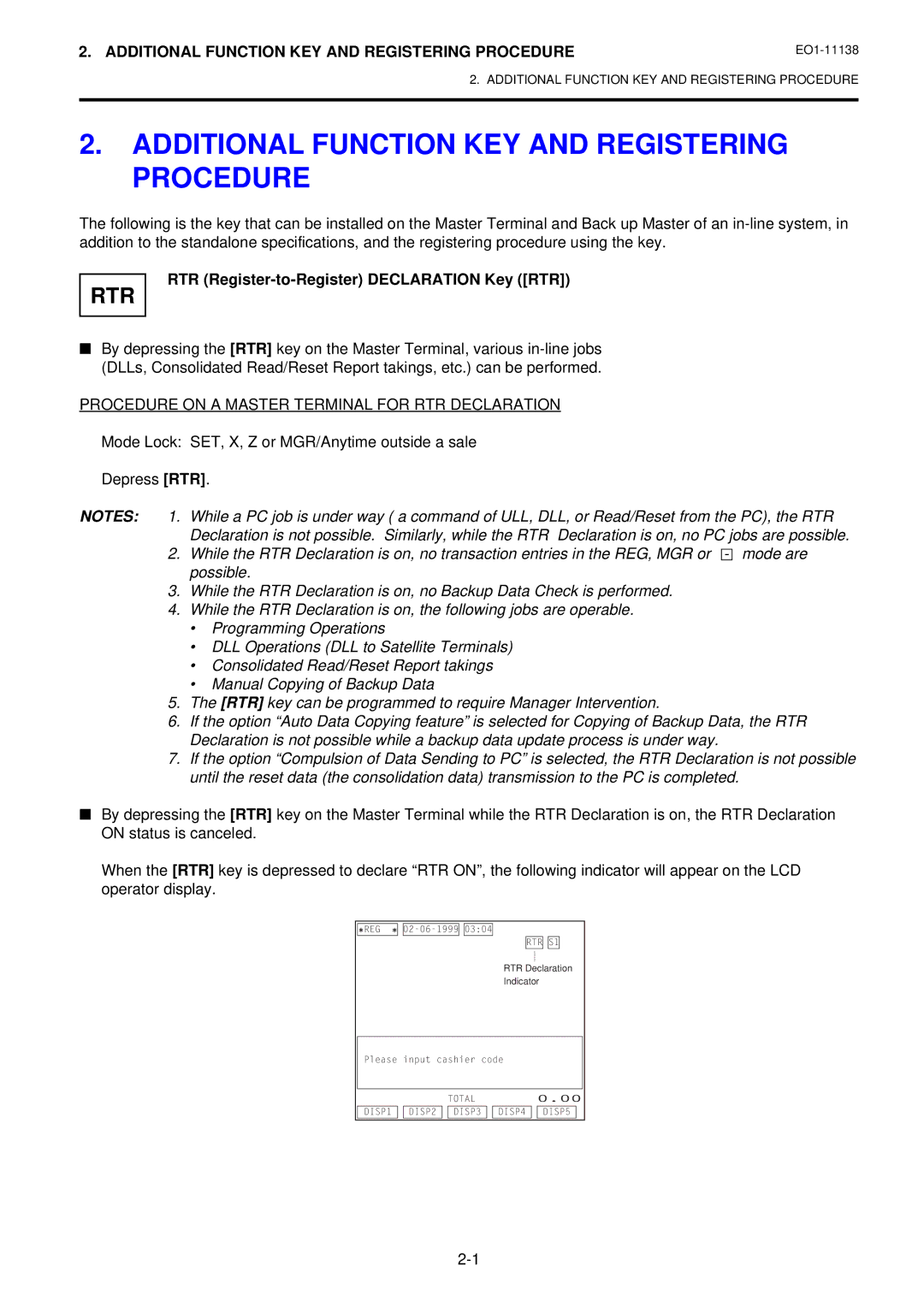 Toshiba FS-2600-1 SERIES Additional Function KEY and Registering Procedure, RTR Register-to-Register Declaration Key RTR 