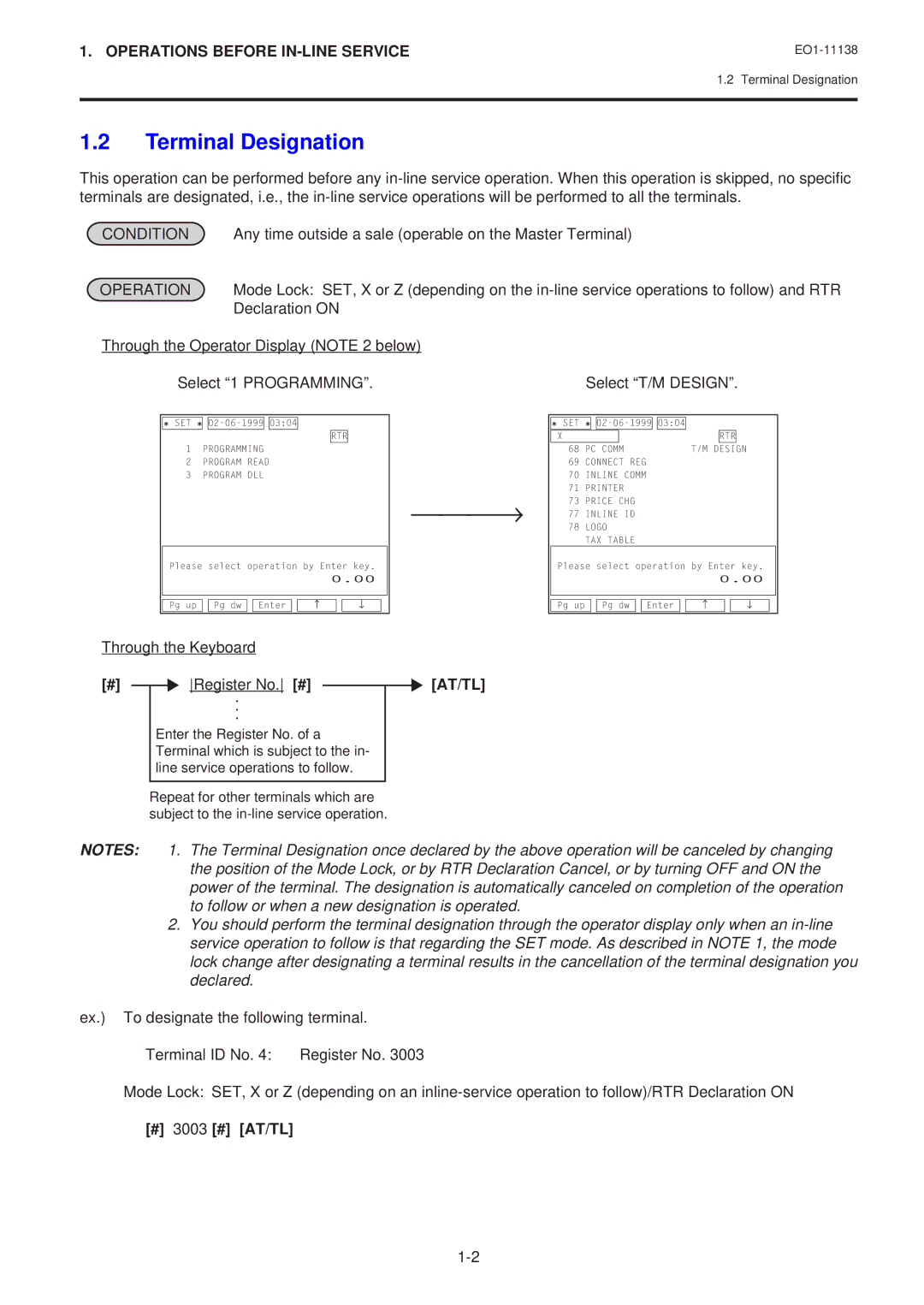 Toshiba FS-2600-1 SERIES Terminal Designation, Declaration on, Select T/M Design, Register No. #, # 3003 # AT/TL 