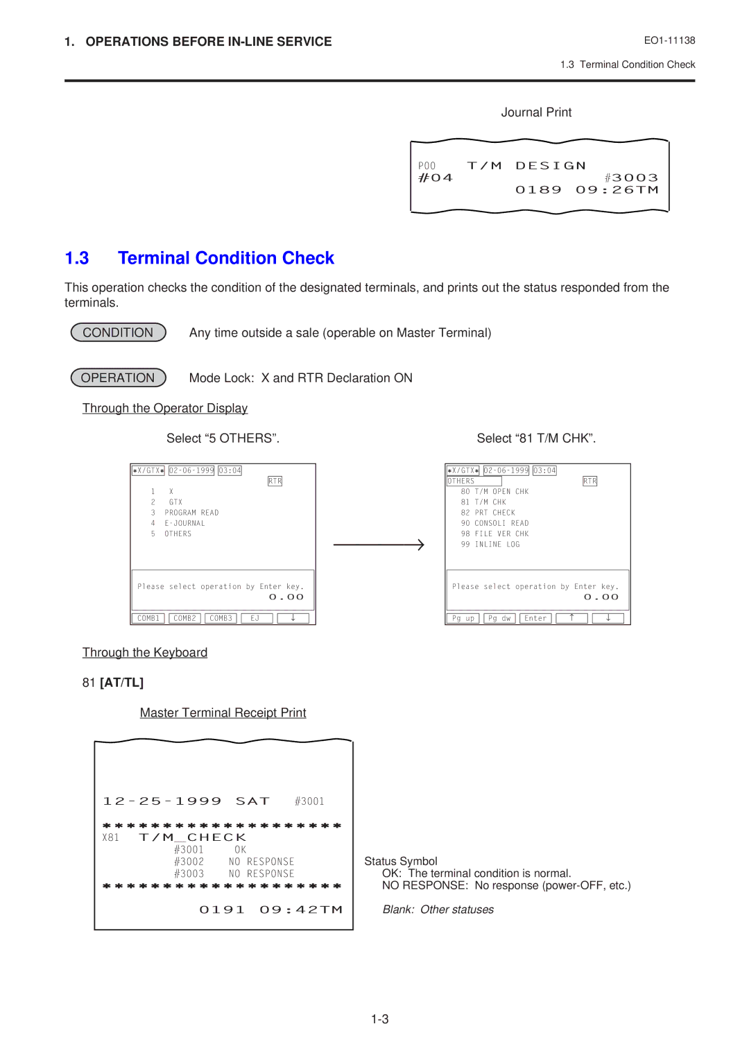 Toshiba Electronic Cash Register Terminal Condition Check, Select 81 T/M CHK, 81 AT/TL, Master Terminal Receipt Print 