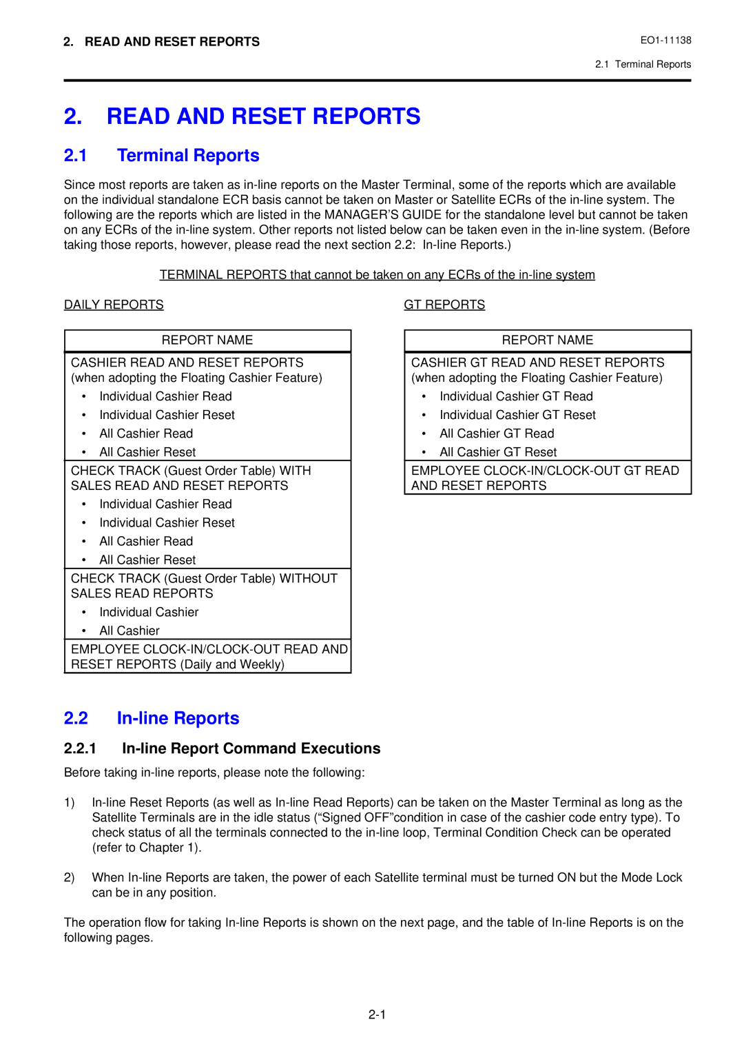 Toshiba Electronic Cash Register, FS-2600-1 SERIES owner manual Read and Reset Reports, Terminal Reports, In-line Reports 