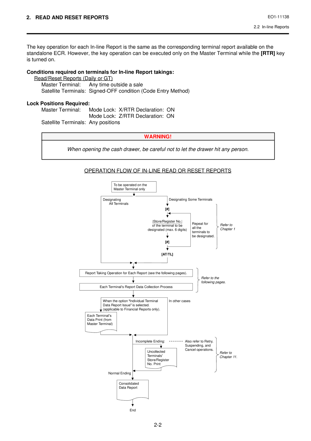 Toshiba FS-2600-1 SERIES owner manual Conditions required on terminals for In-line Report takings, Lock Positions Required 