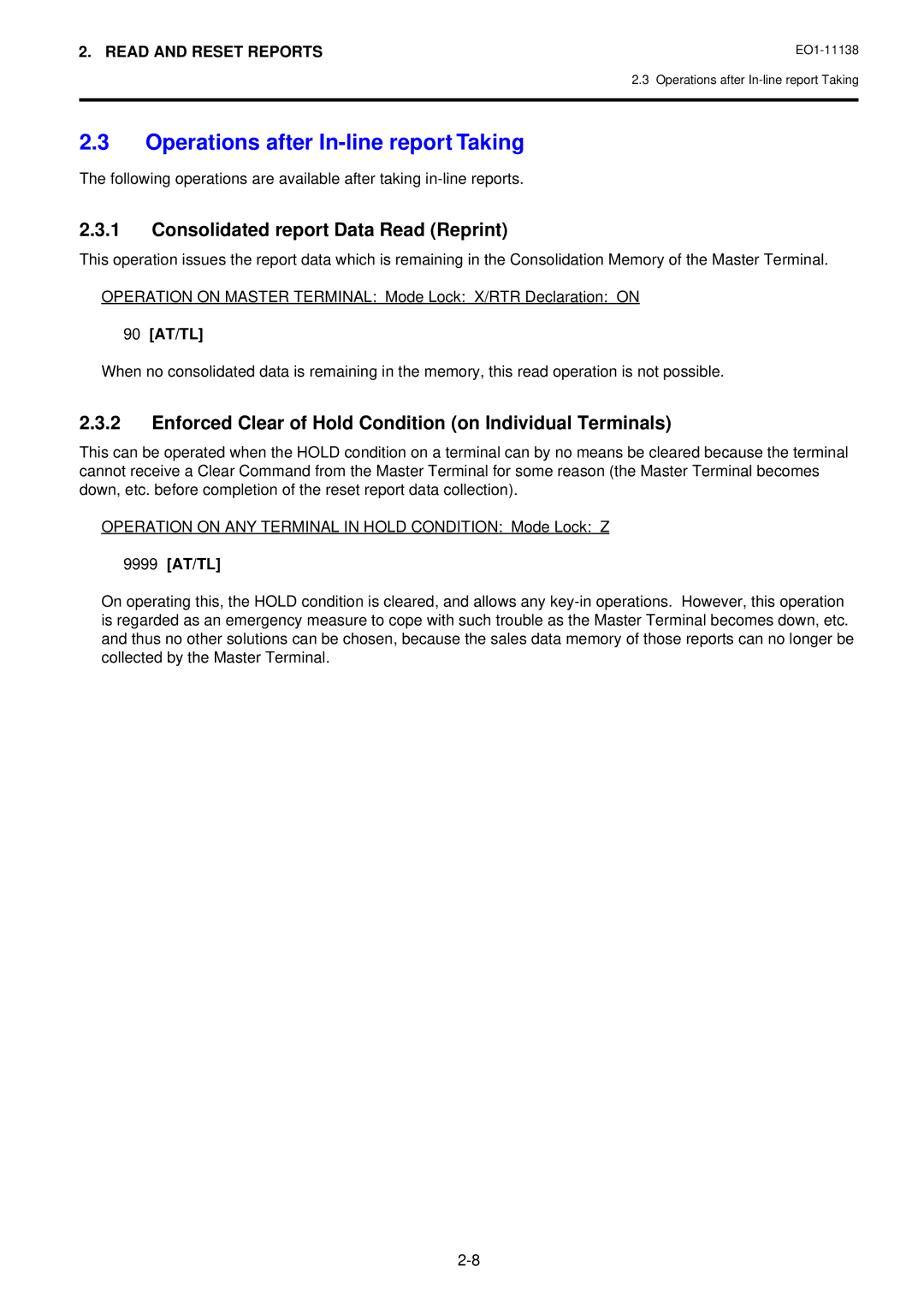 Toshiba FS-2600-1 SERIES Operations after In-line report Taking, Consolidated report Data Read Reprint, 90 AT/TL 