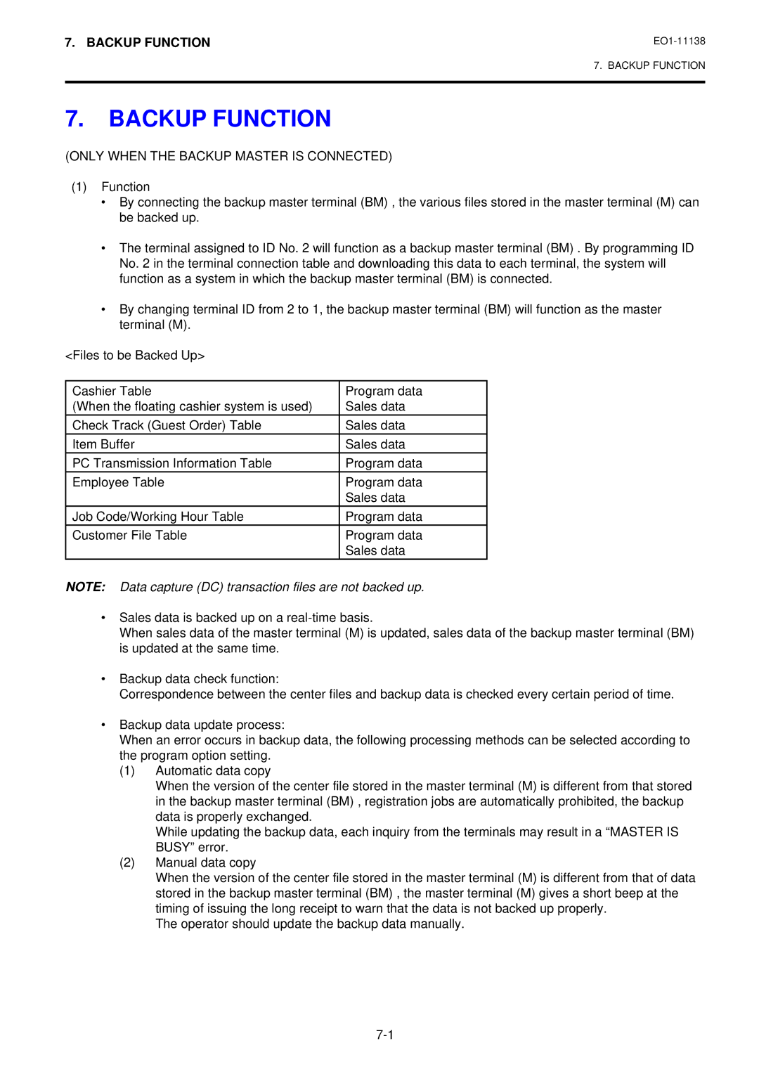 Toshiba FS-2600-1 SERIES, Electronic Cash Register owner manual Backup Function, Only When the Backup Master is Connected 