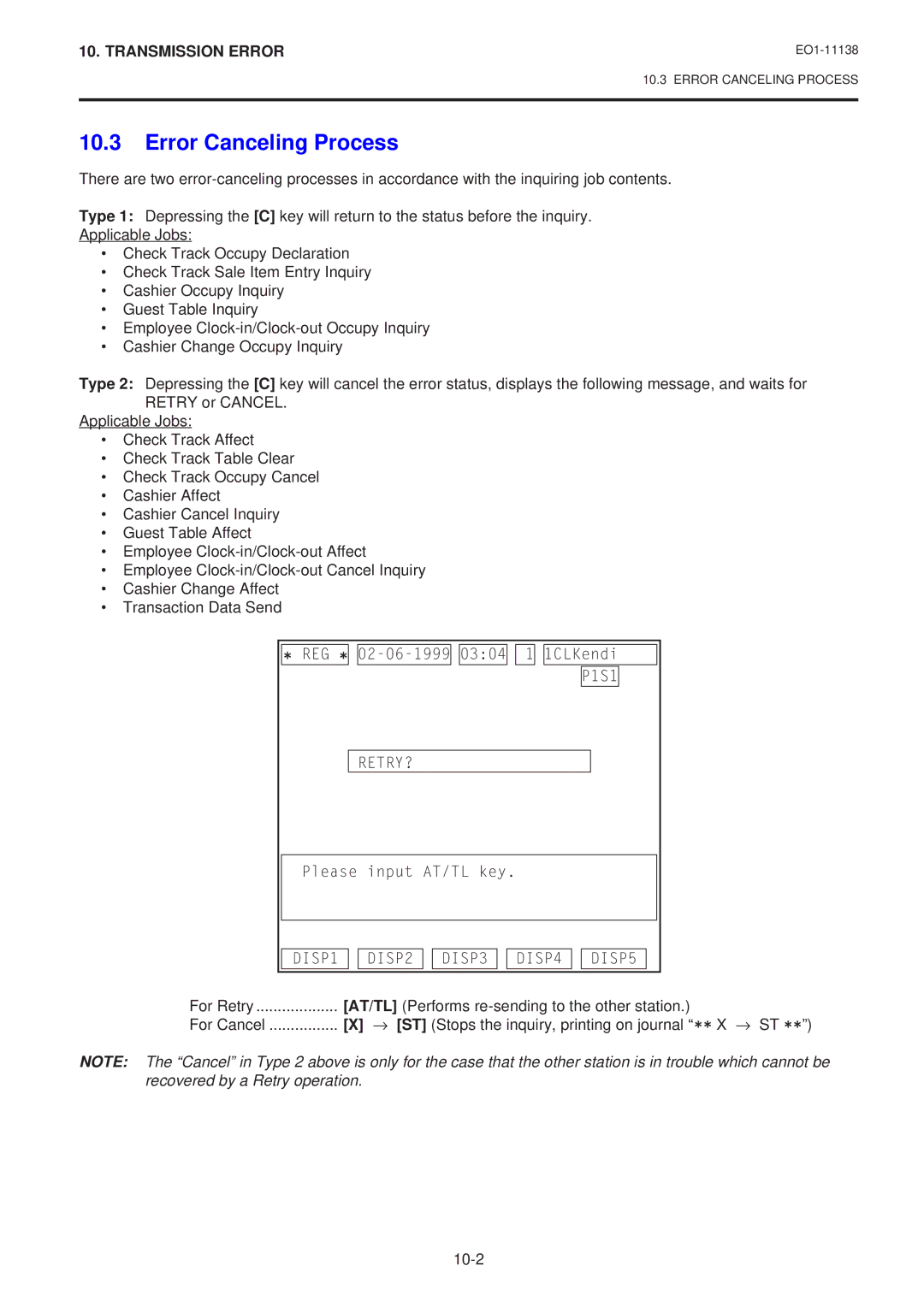 Toshiba FS-2600-1 SERIES, Electronic Cash Register Error Canceling Process, AT/TL Performs re-sending to the other station 